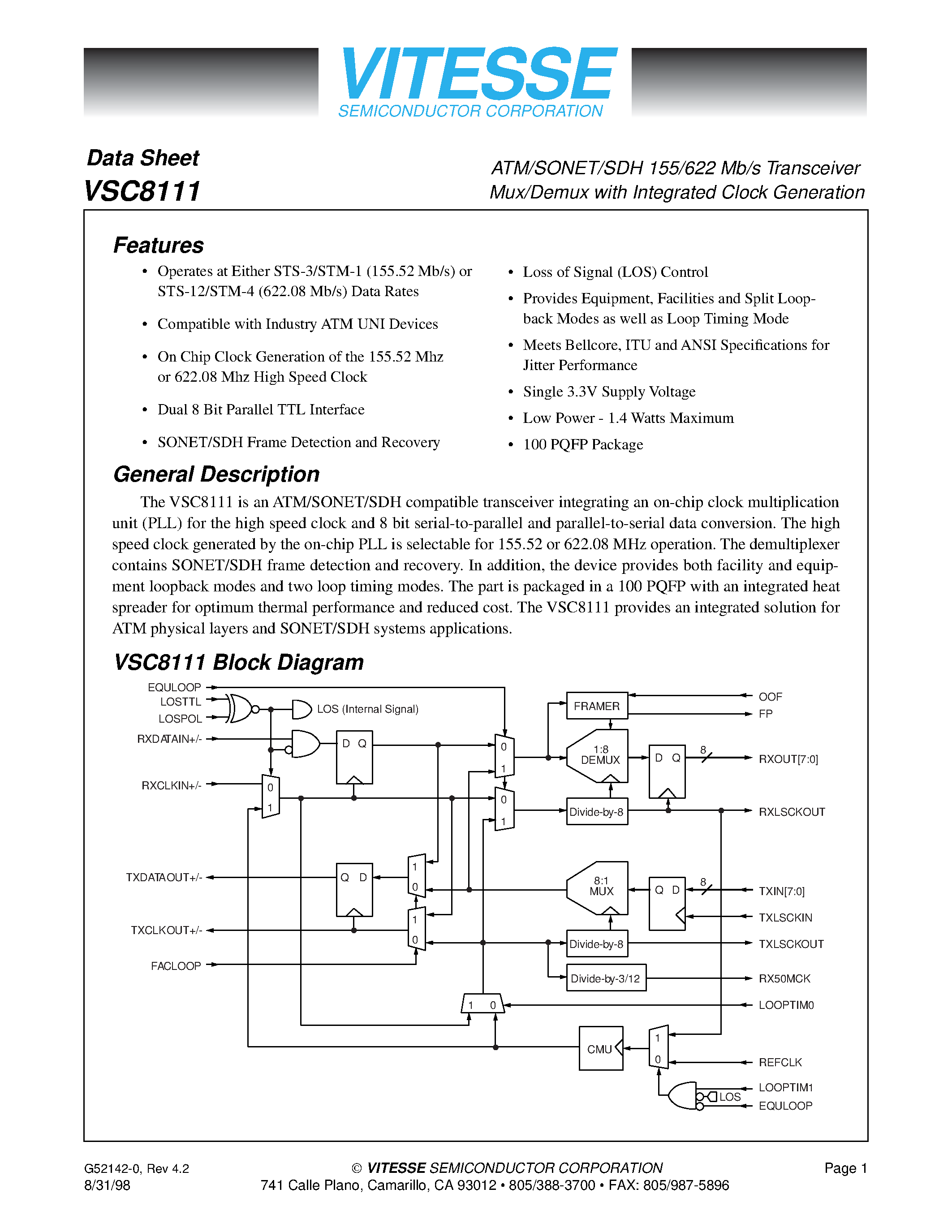 Datasheet VSC8111 - ATM/SONET/SDH 155/622 Mb/s Transceiver Mux/Demux page 1