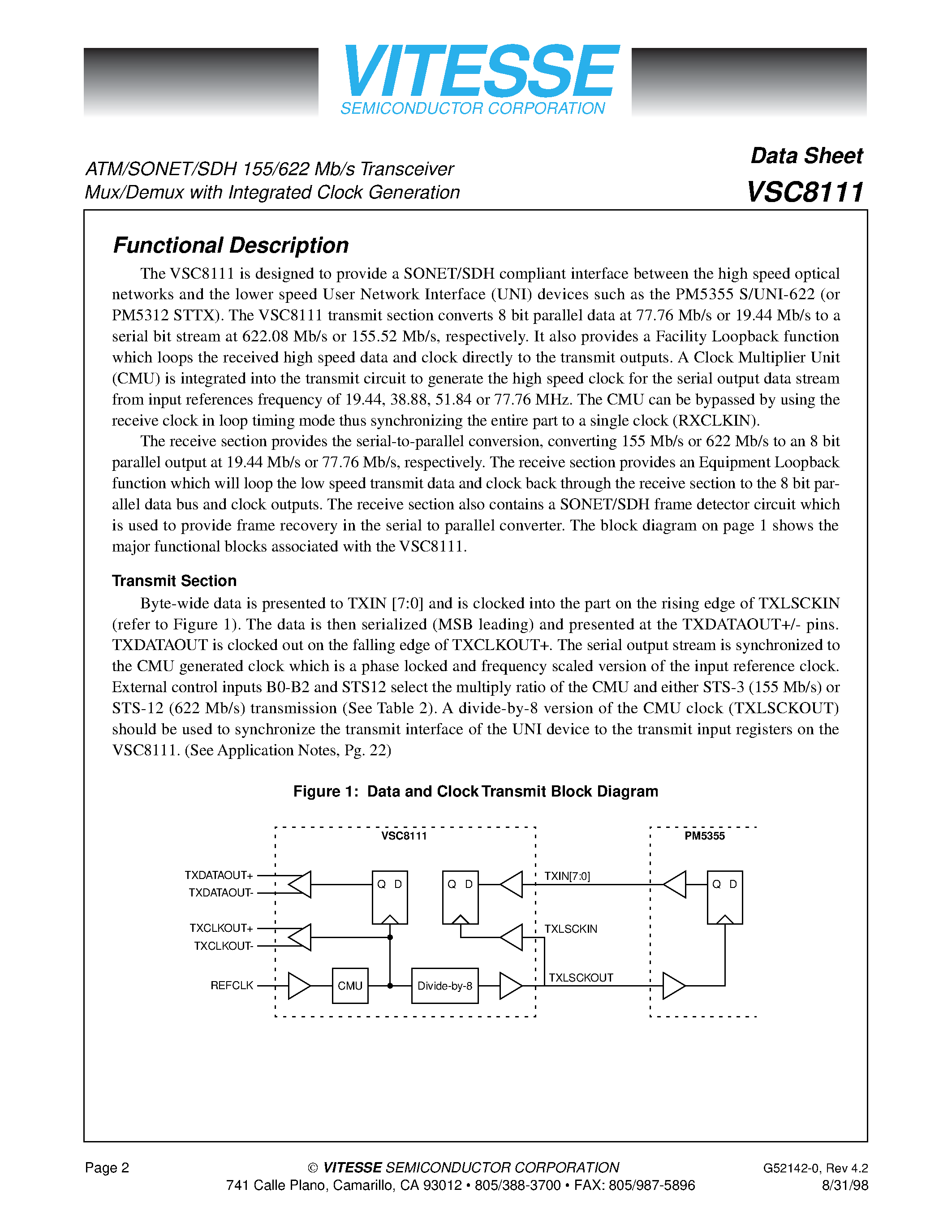 Datasheet VSC8111 - ATM/SONET/SDH 155/622 Mb/s Transceiver Mux/Demux page 2