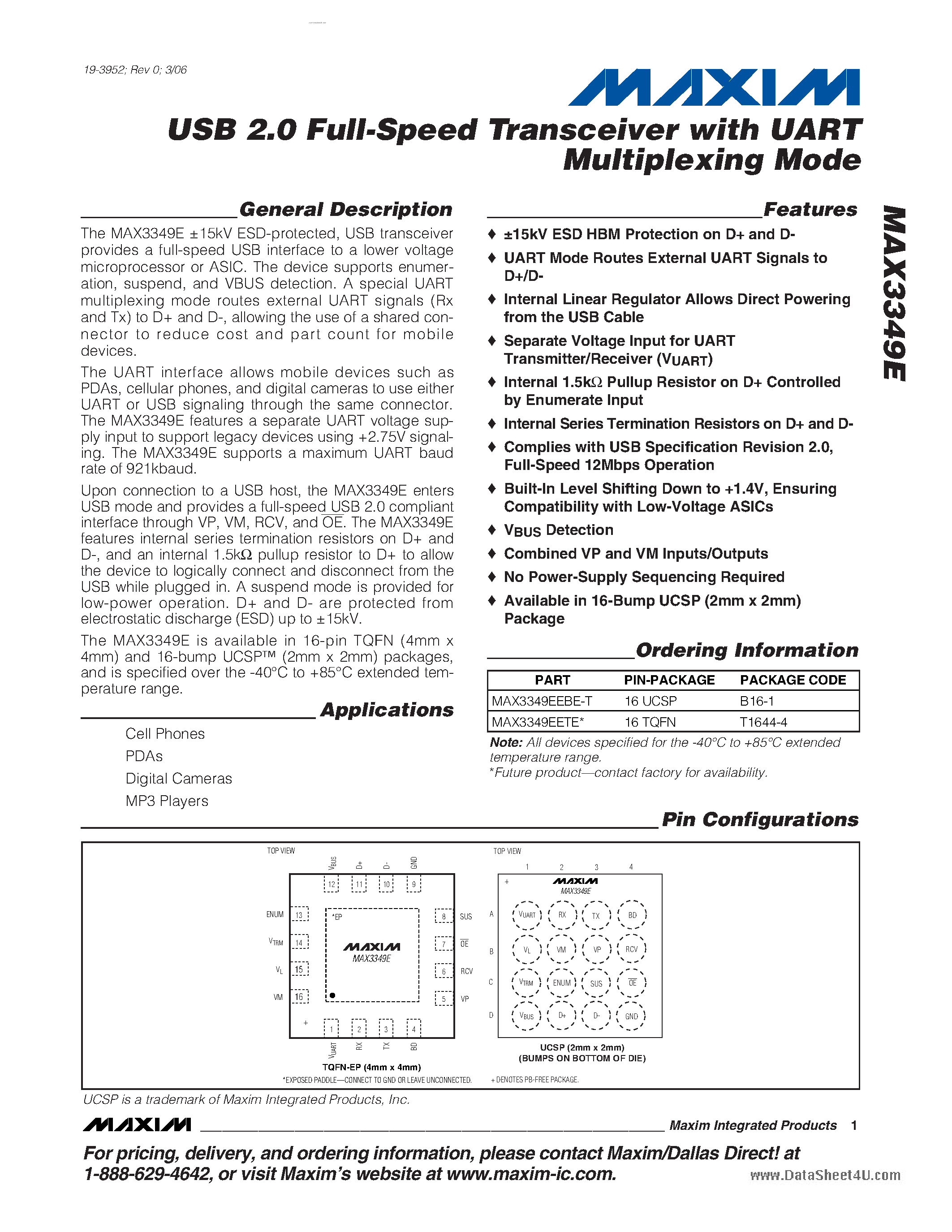 Datasheet MAX3349E - USB 2.0 Full Speed TRansceiver page 1