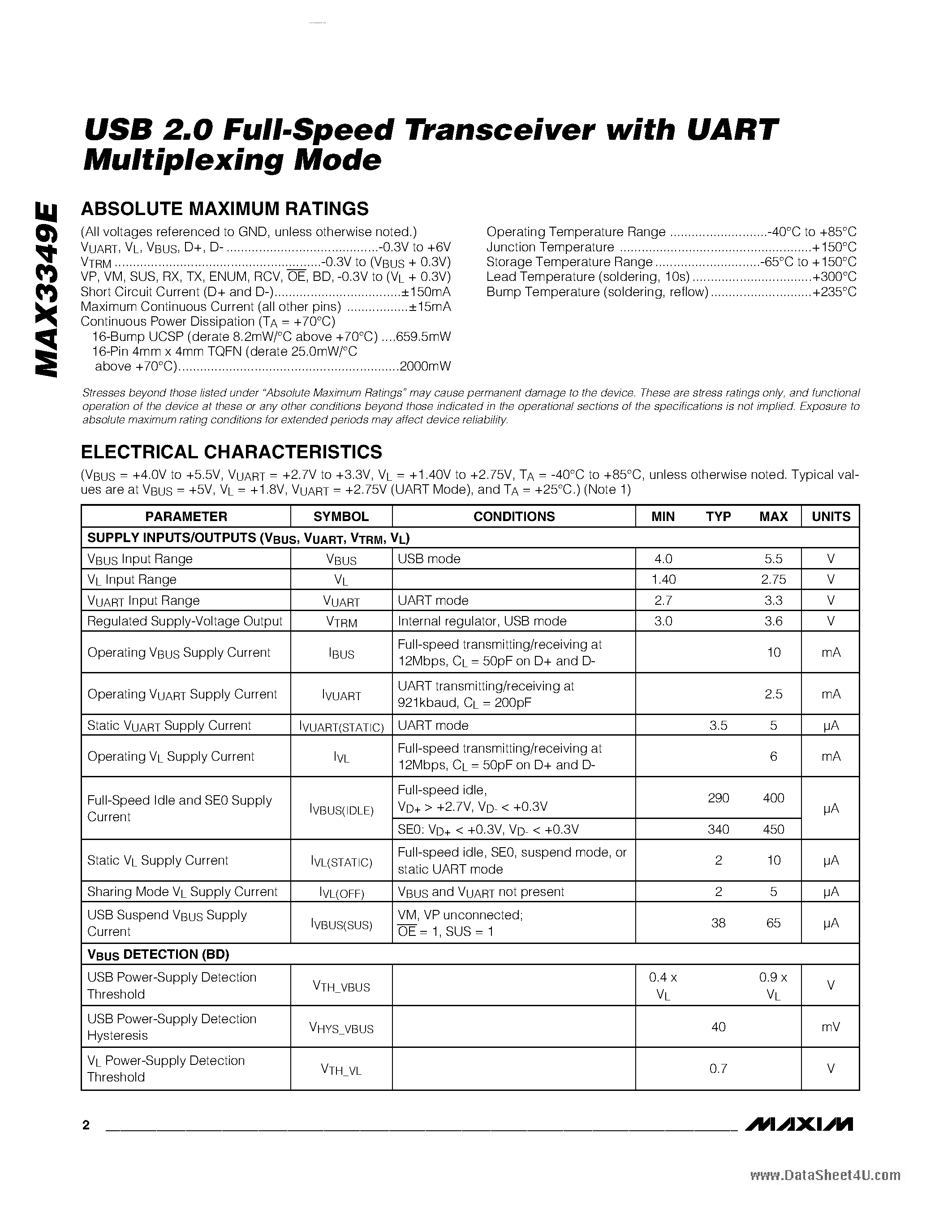 Datasheet MAX3349E - USB 2.0 Full Speed TRansceiver page 2