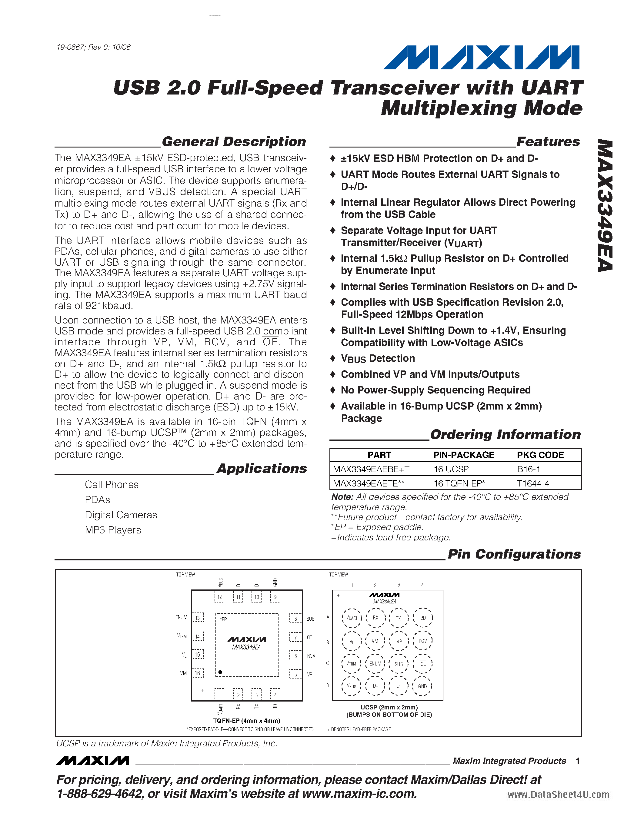 Datasheet MAX3349EA - USB 2.0 Full Speed TRansceiver page 1