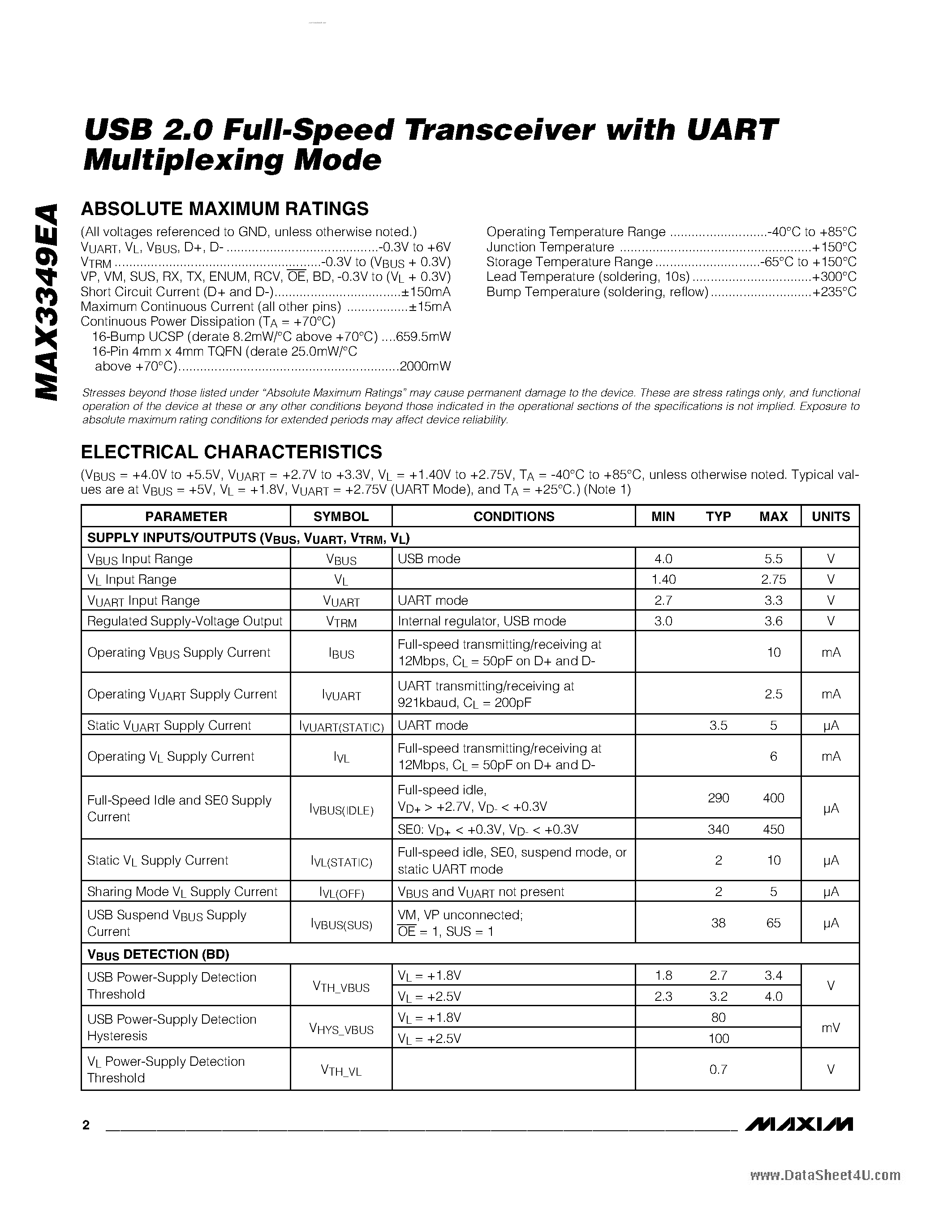 Datasheet MAX3349EA - USB 2.0 Full Speed TRansceiver page 2