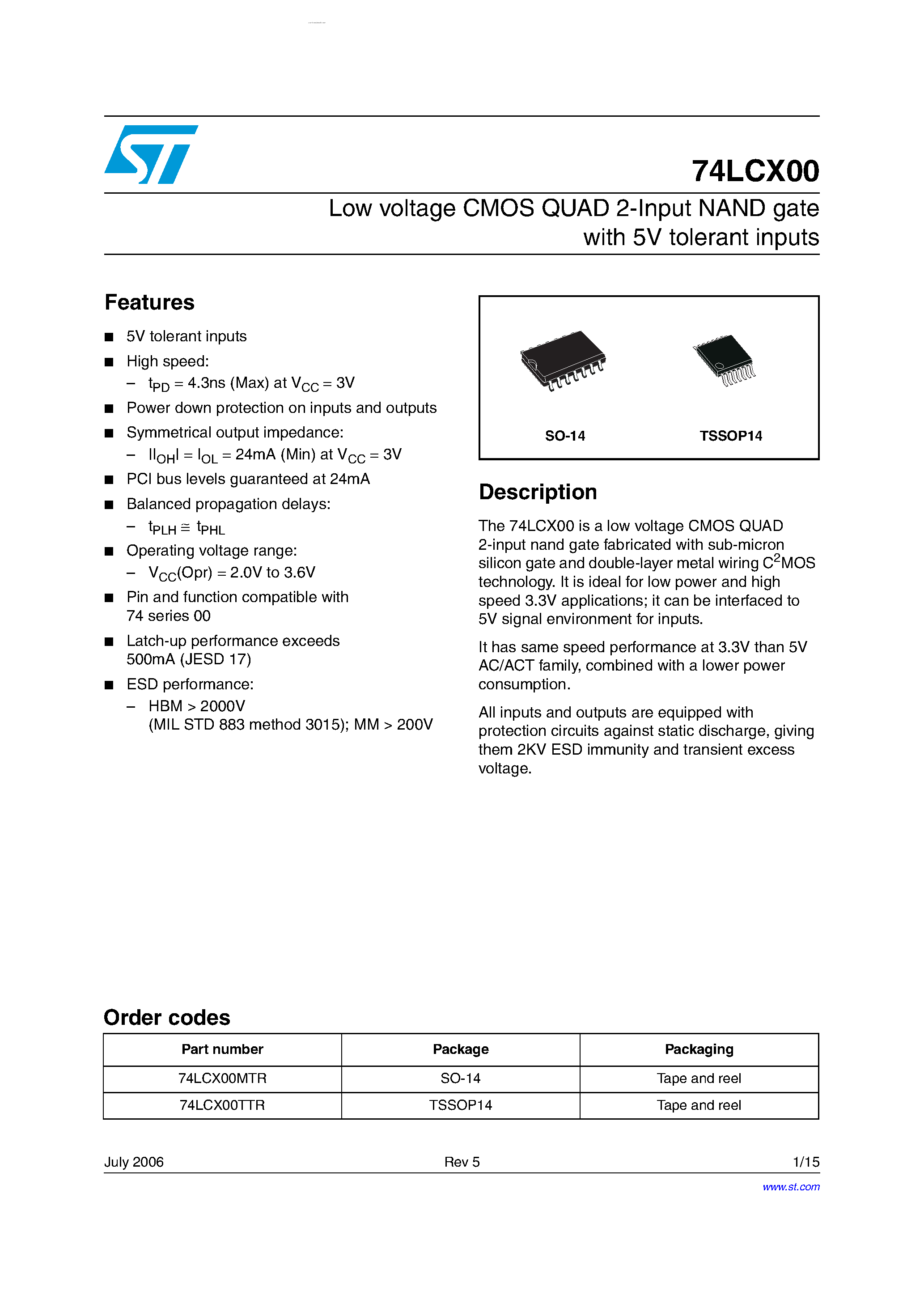 Даташит 74LCX00 - Low voltage CMOS QUAD 2-Input NAND gate страница 1