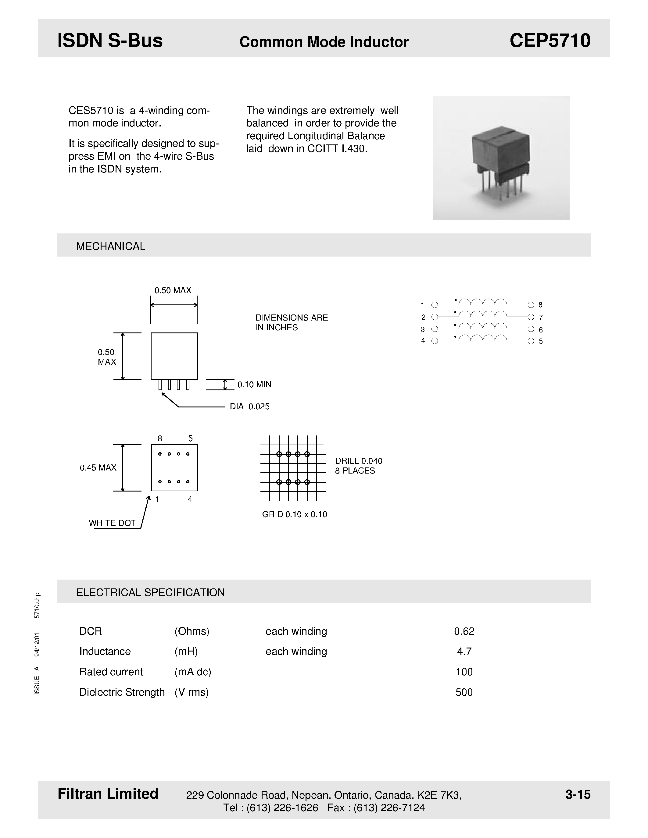 Datasheet CEP5710 - ISDN S-Bus Common Mode Inductor page 1