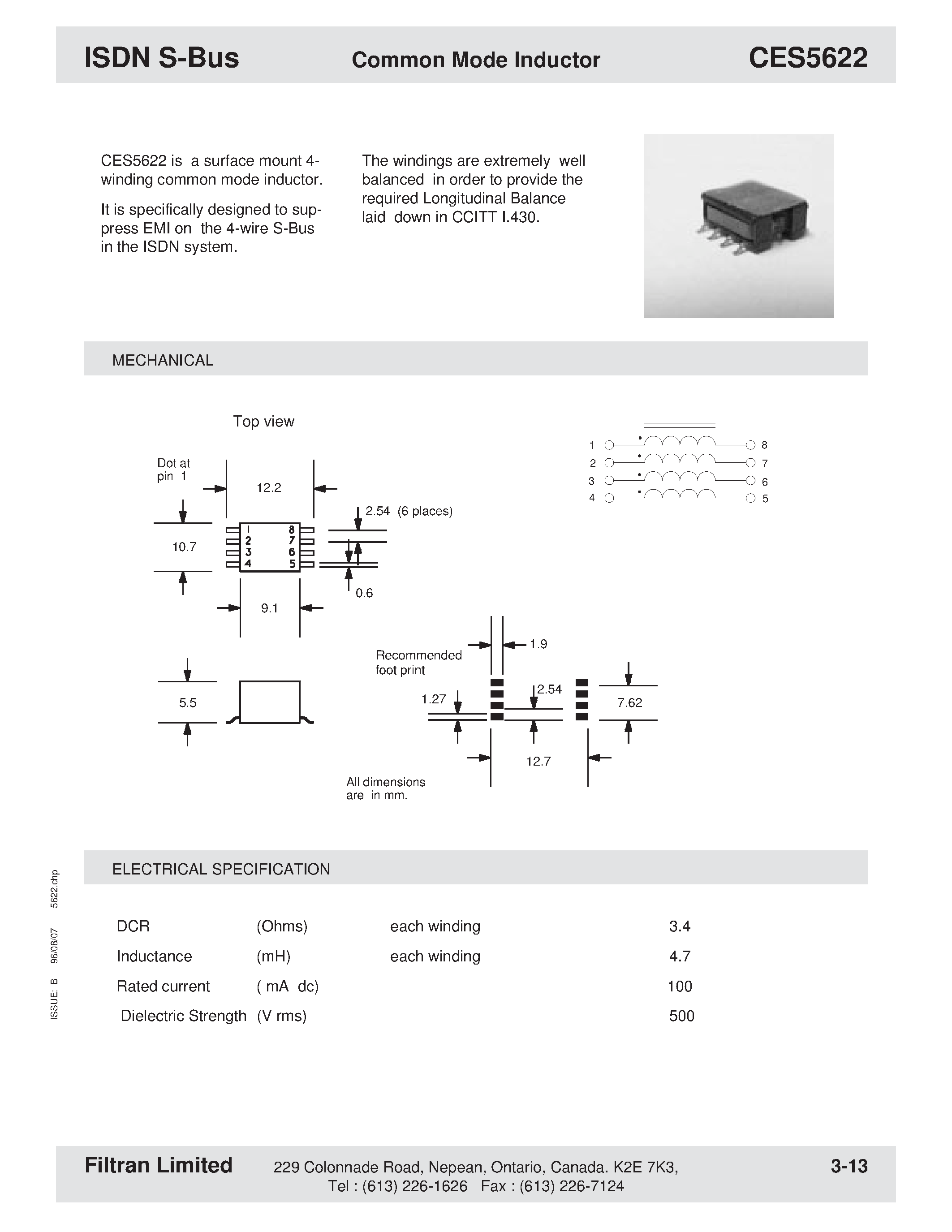 Datasheet CES5622 - ISDN S-Bus Common Mode Inductor page 1
