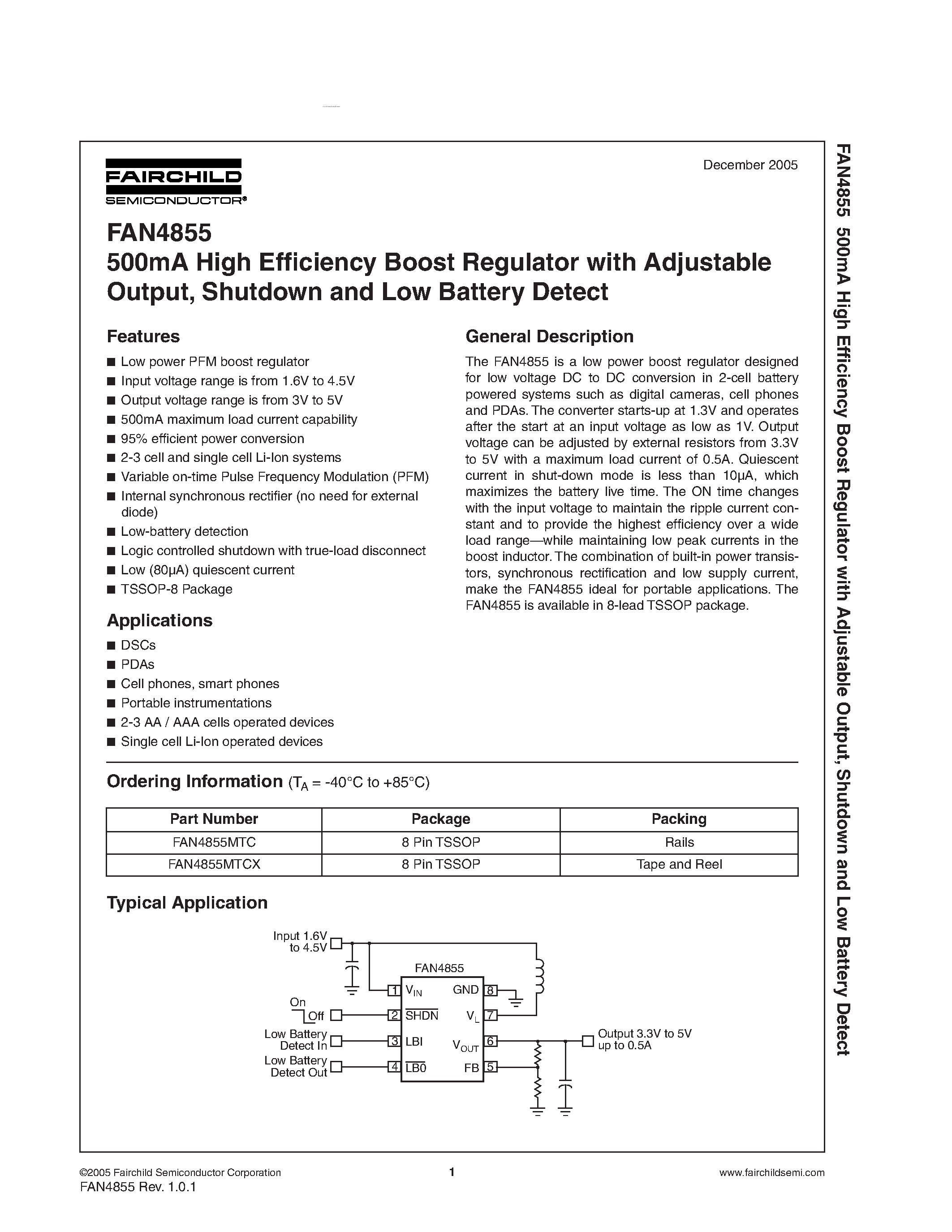 Datasheet FAN4855 - High Efficiency Boost Regulator page 1