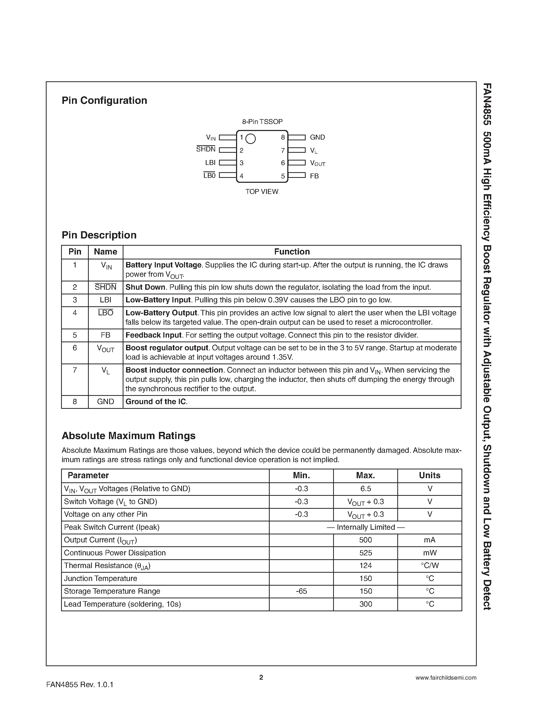 Datasheet FAN4855 - High Efficiency Boost Regulator page 2