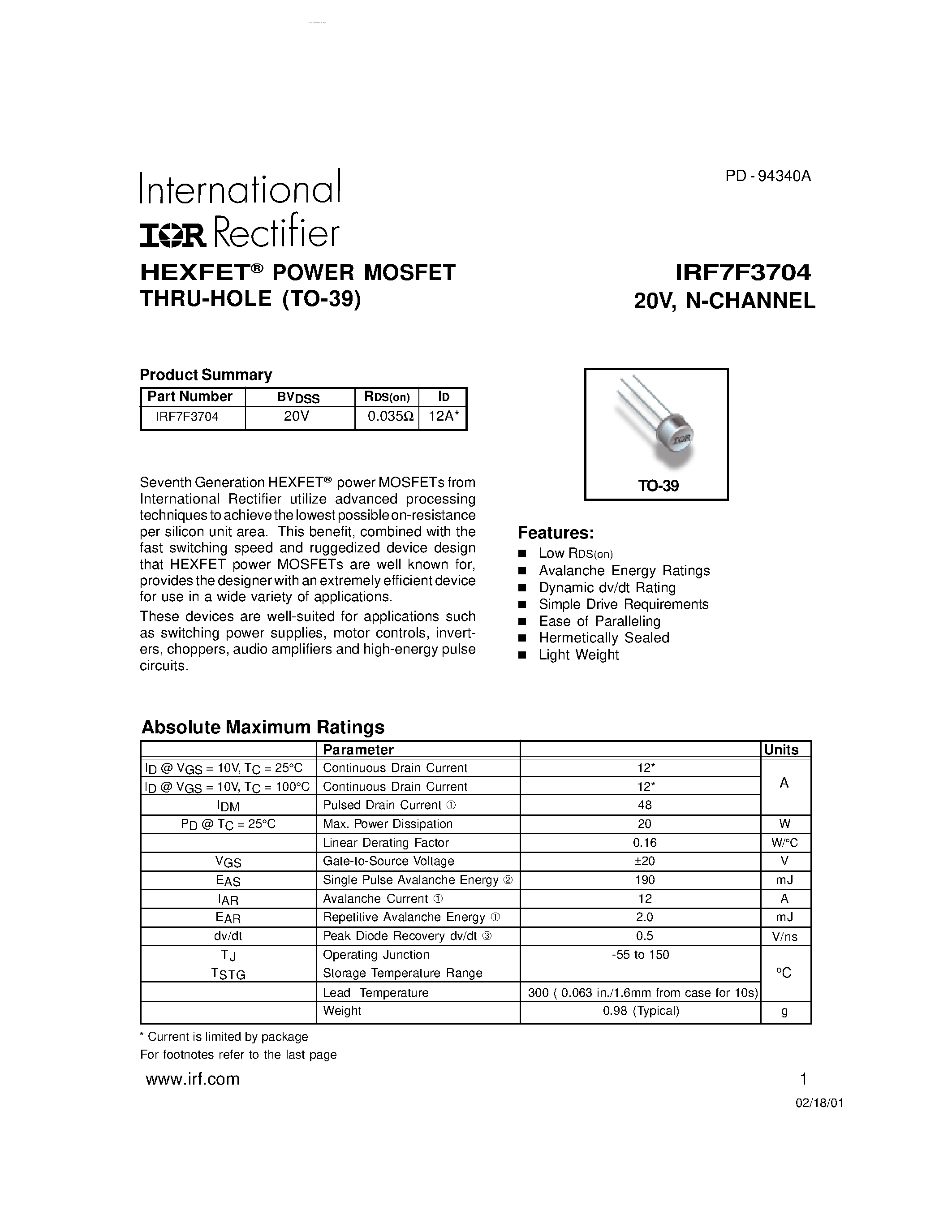 Datasheet IRF7F3704 - POWER MOSFET THRU-HOLE page 1