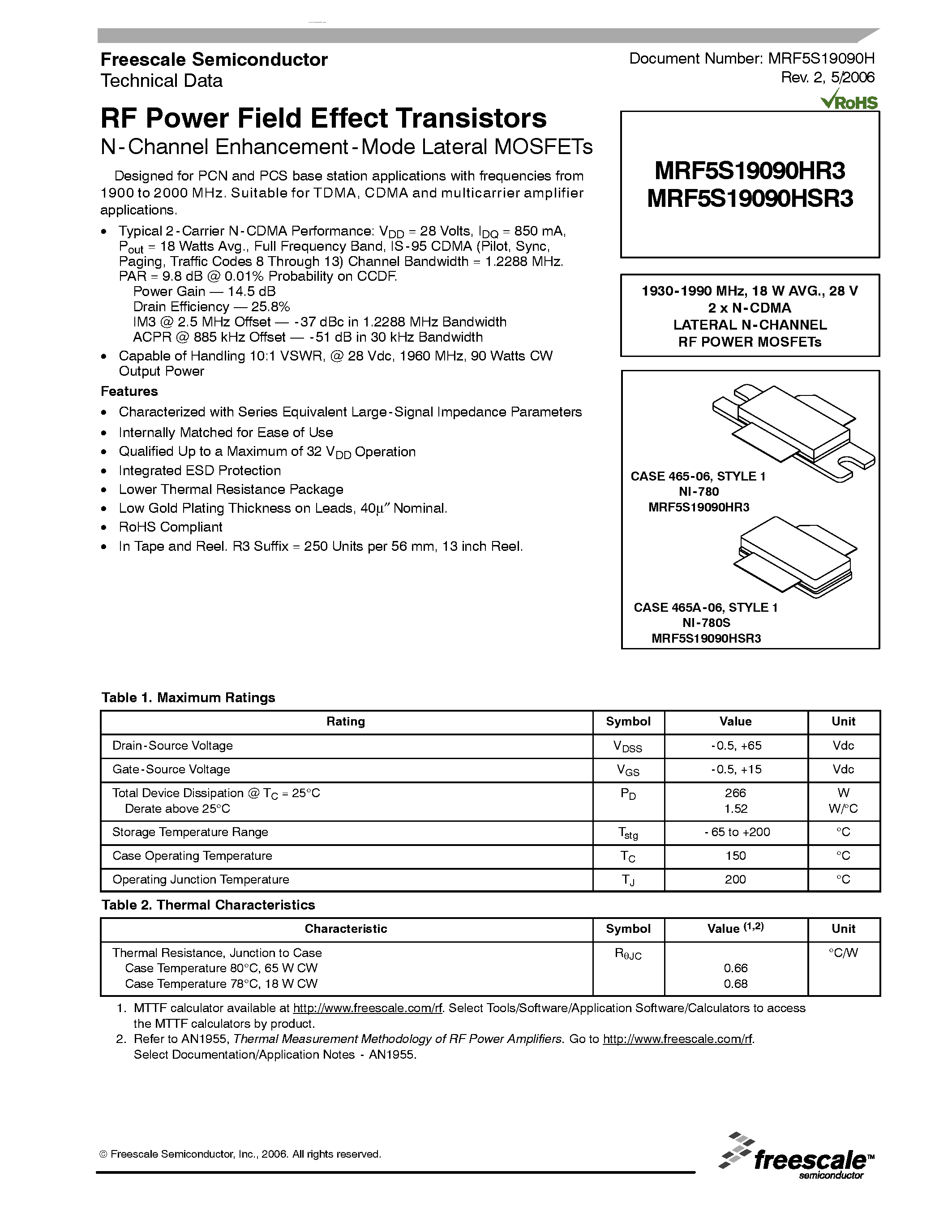 Datasheet MRF5S19090HR3 - RF Power Field Effect Transistors N-Channel Enhancement-Mode Lateral MOSFETs page 1