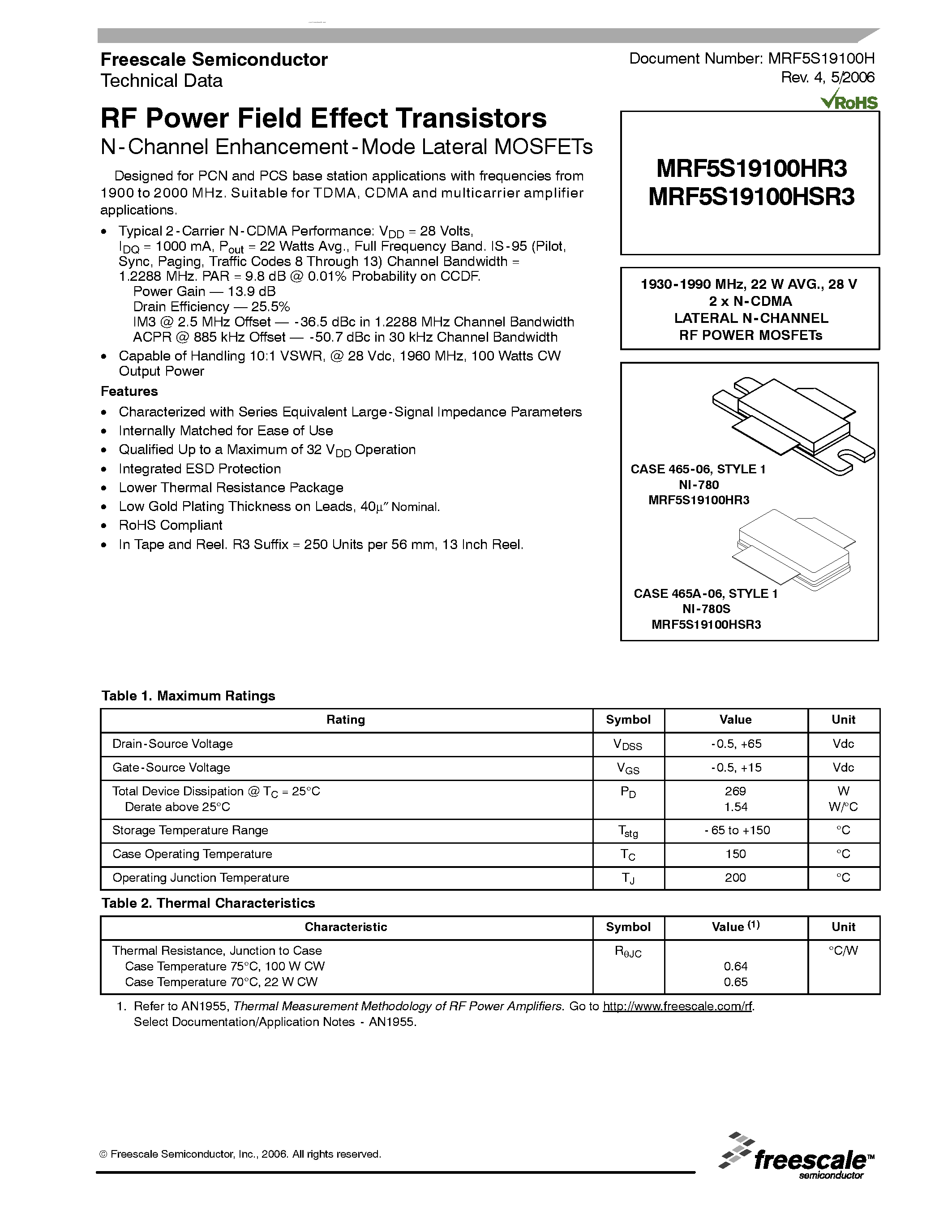 Datasheet MRF5S19100HR3 - The RF MOSFET Line RF Power Field Effect Transistors N-Channel Enhancement-Mode Lateral MOSFETs page 1