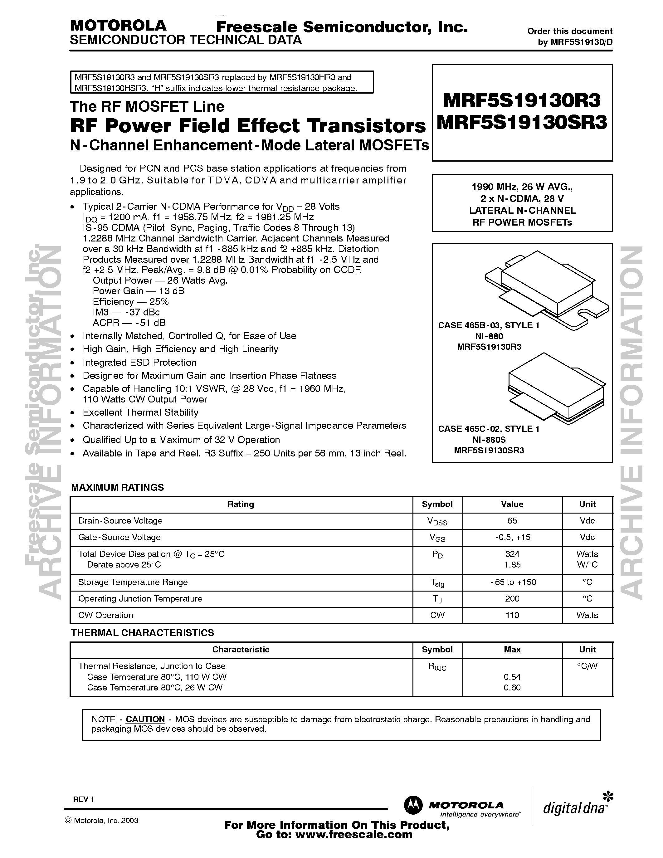 Datasheet MRF5S19130R3 - N-Channel Enhancement-Mode Lateral MOSFETs page 1