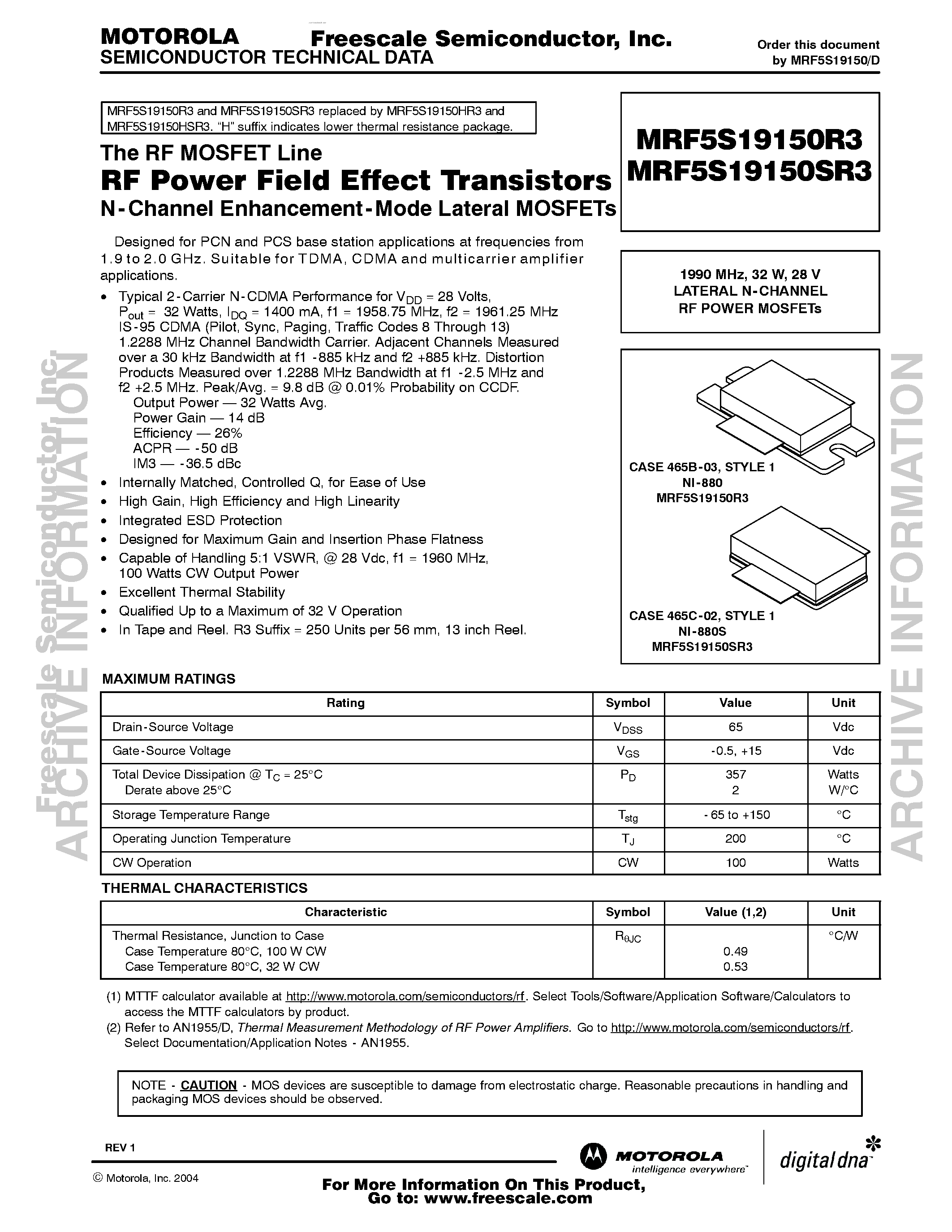 Datasheet MRF5S19150R3 page 1 Datasheet MRF5S19150R3 - RF Power Field Effect Transistors page 1