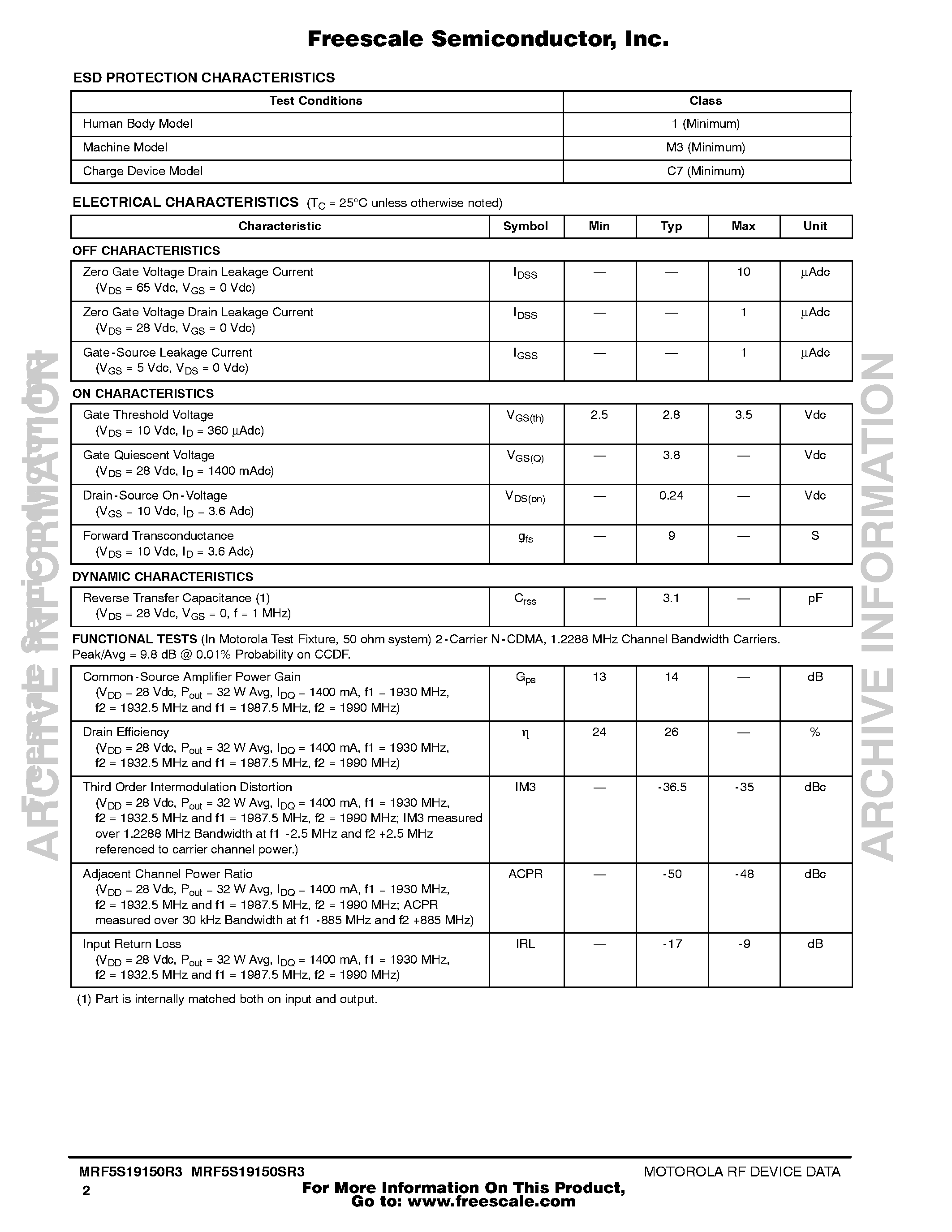 Datasheet MRF5S19150R3 page 2 Datasheet MRF5S19150R3 - RF Power Field Effect Transistors page 2