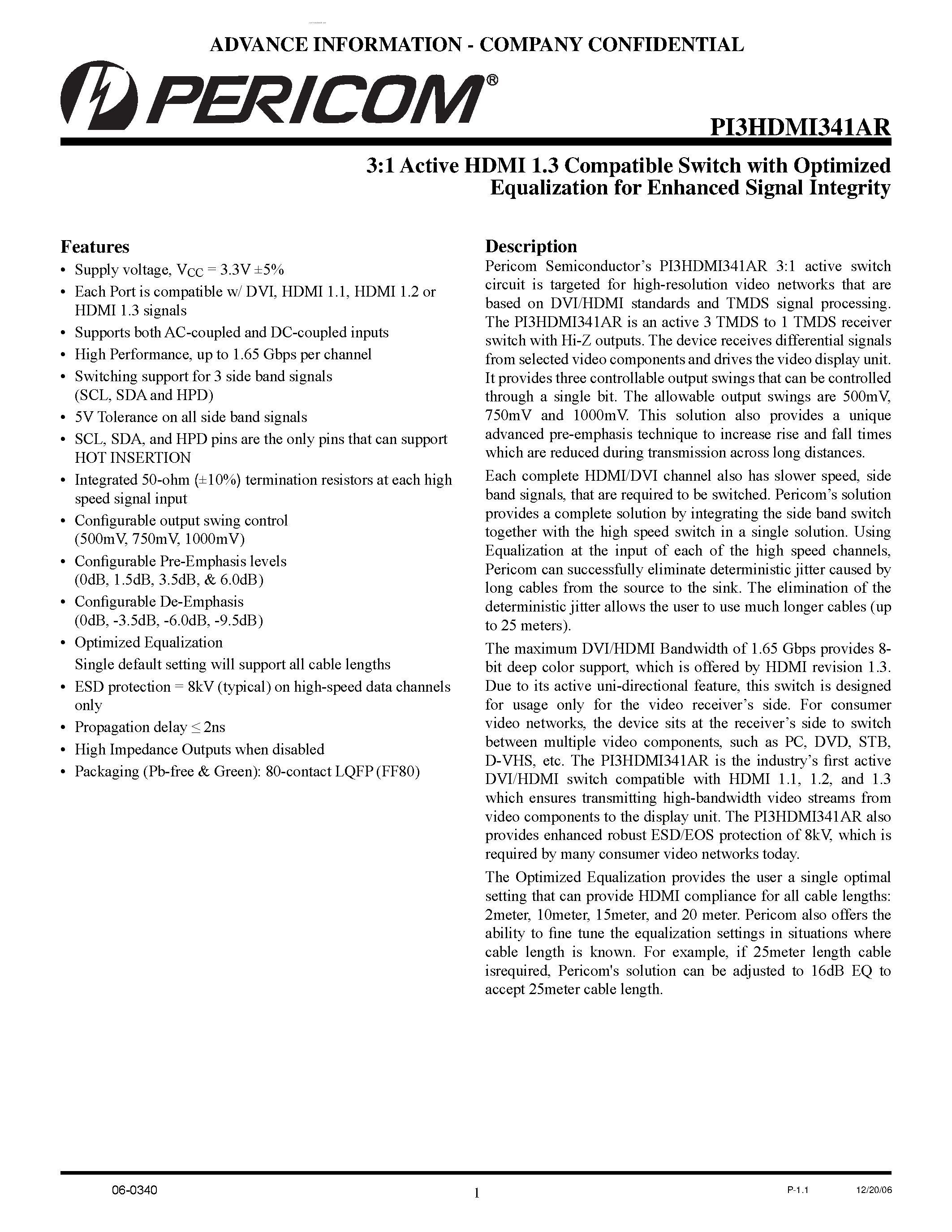 Даташит PI3HDMI341AR - 3:1 Active HDMI 1.3 Compatible Switch страница 1