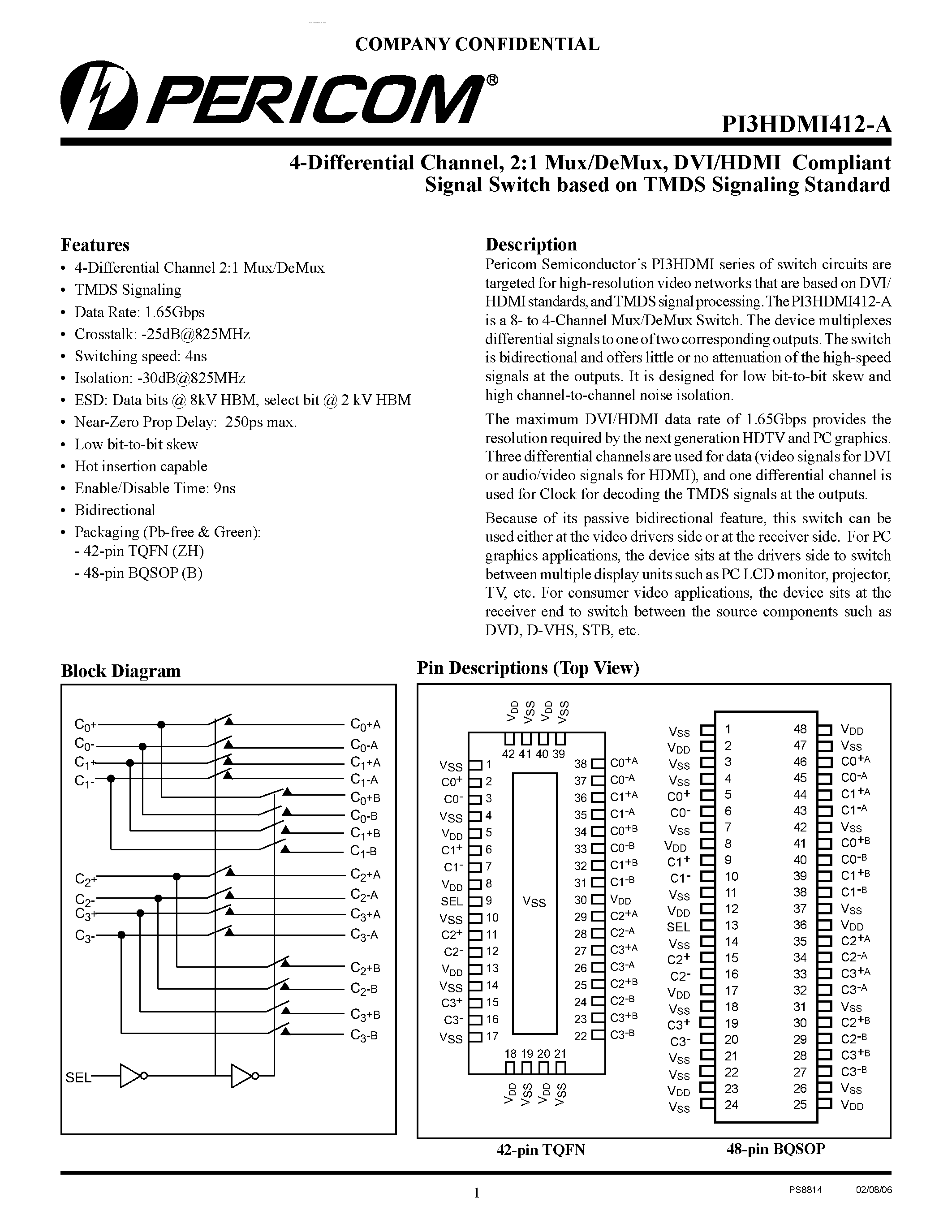 Datasheet PI3HDMI412-A - DVI/HDMI Compliant Signal Switch page 1