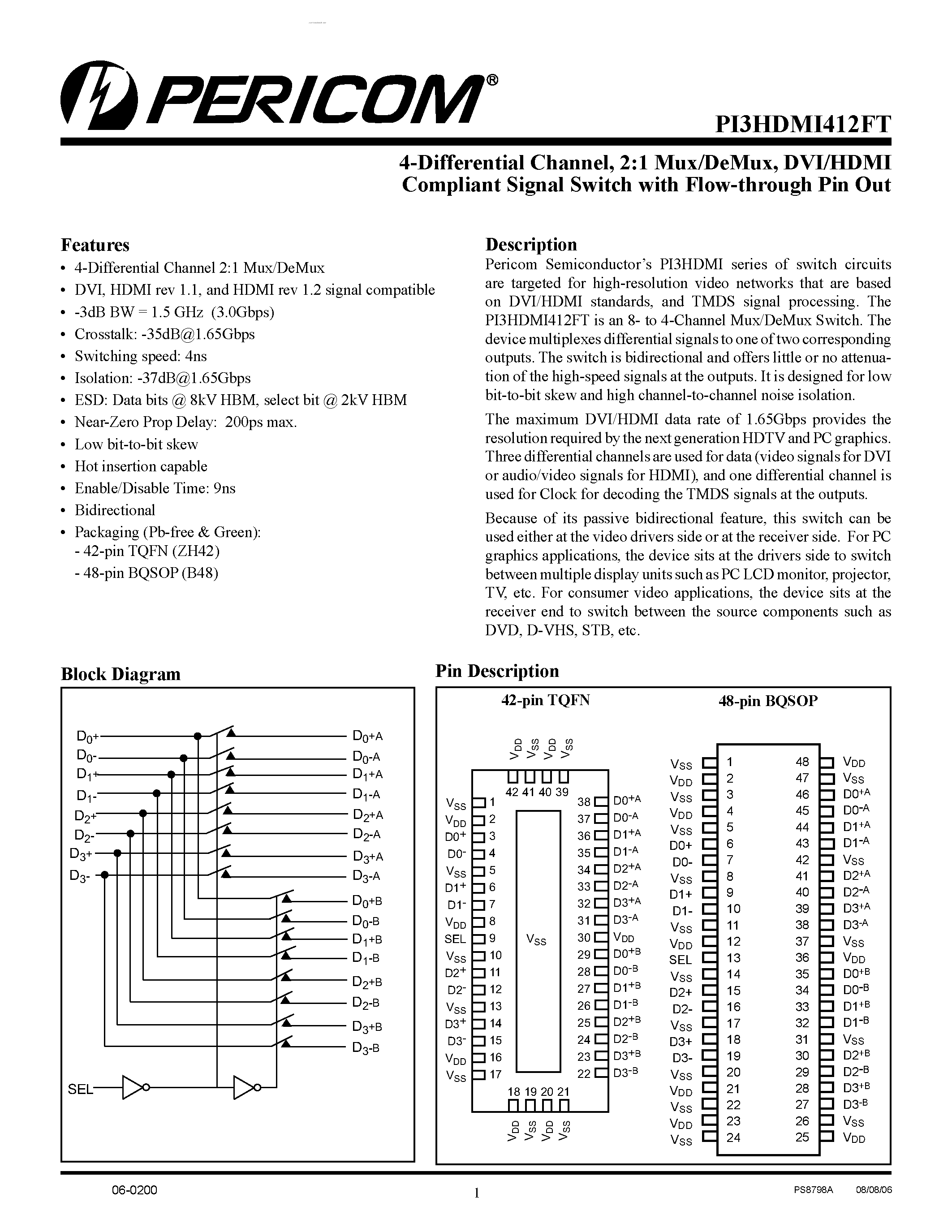 Datasheet PI3HDMI412FT page 1 Datasheet PI3HDMI412FT - DVI/HDMI Compliant Signal Switch page 1