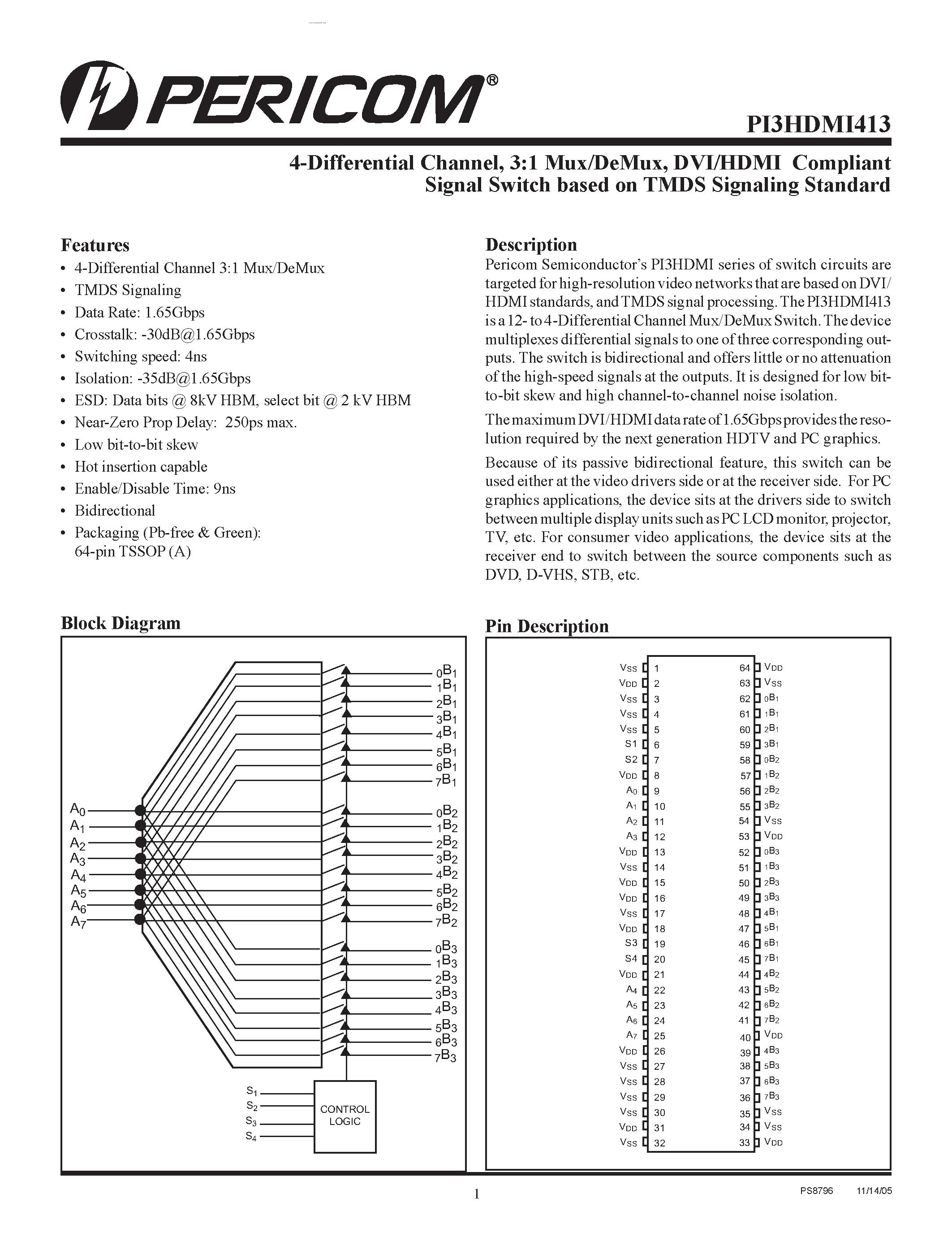 Datasheet PI3HDMI413 page 1 Datasheet PI3HDMI413 - DVI/HDMI Compliant Signal Switch page 1