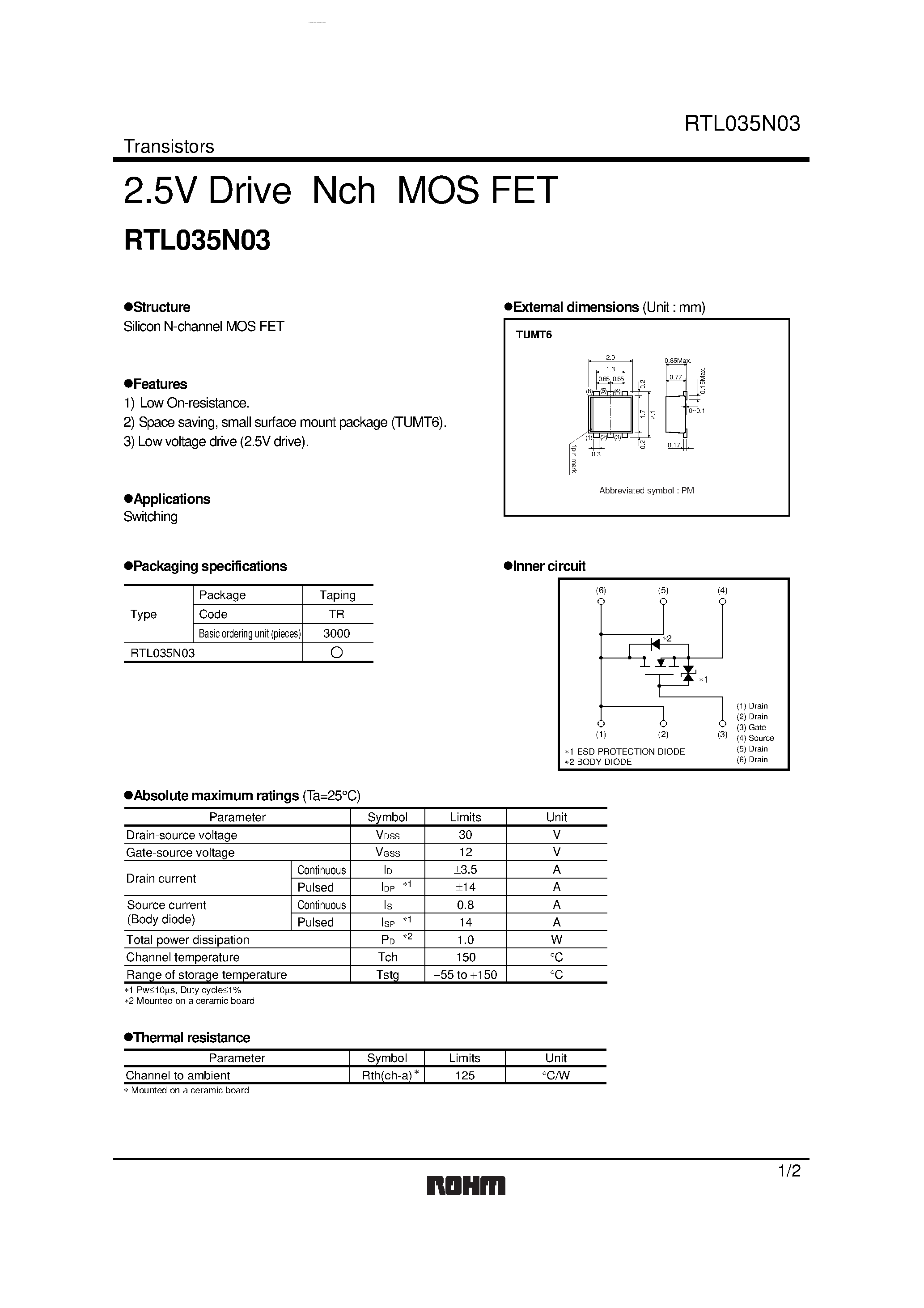 Datasheet RTL035N03 - 2.5V Drive Nch MOSFET page 1