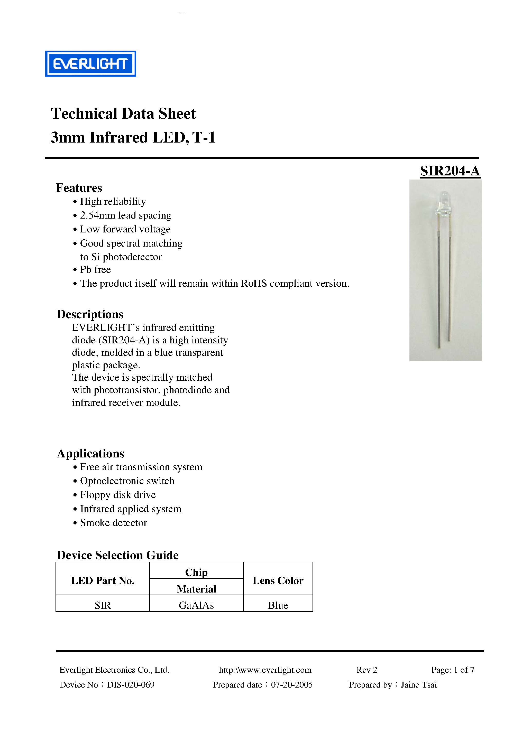 Datasheet SIR204-A - Infrared LED page 1