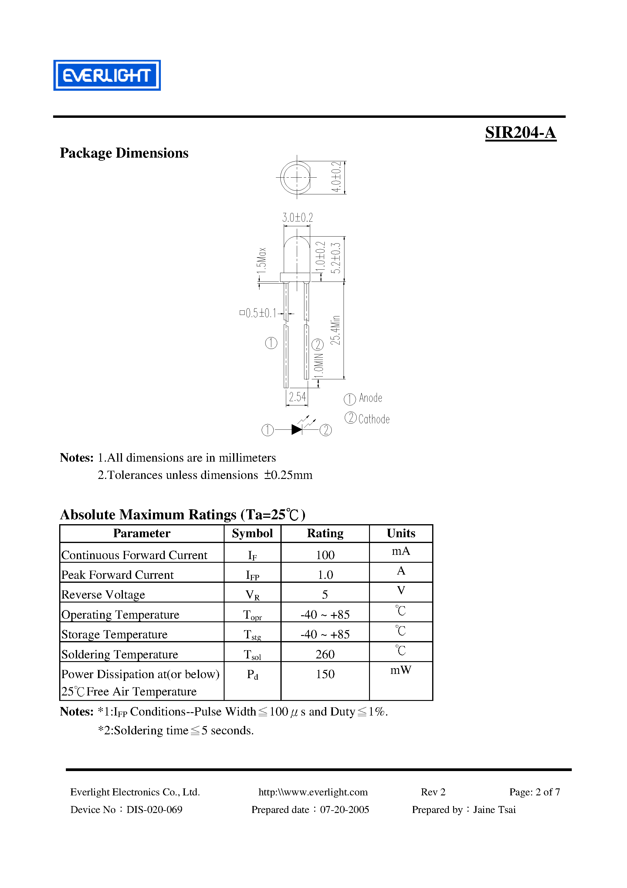 Datasheet SIR204-A - Infrared LED page 2