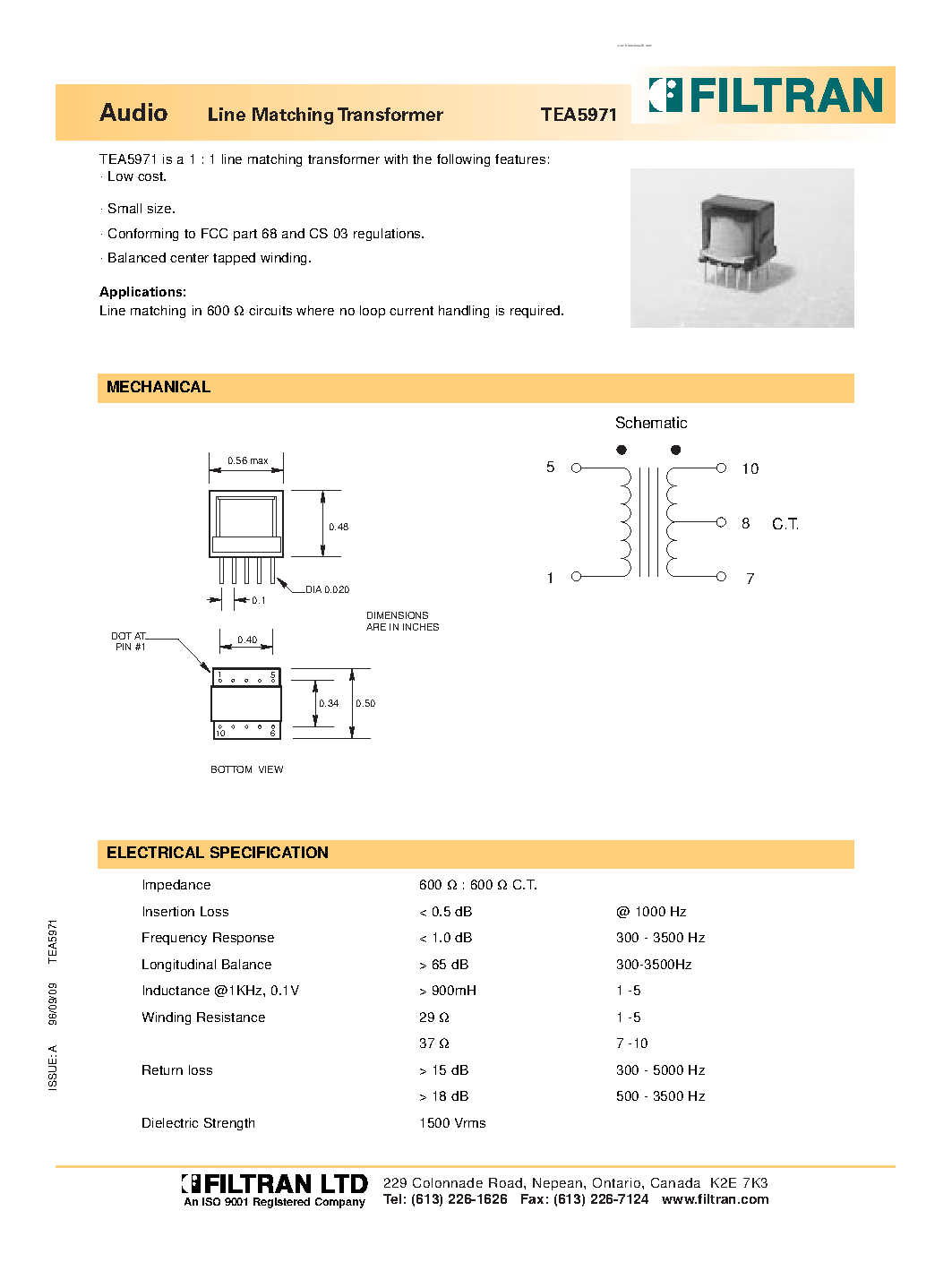 Datasheet TEA5971 - Audio Line Matching Transformer page 1