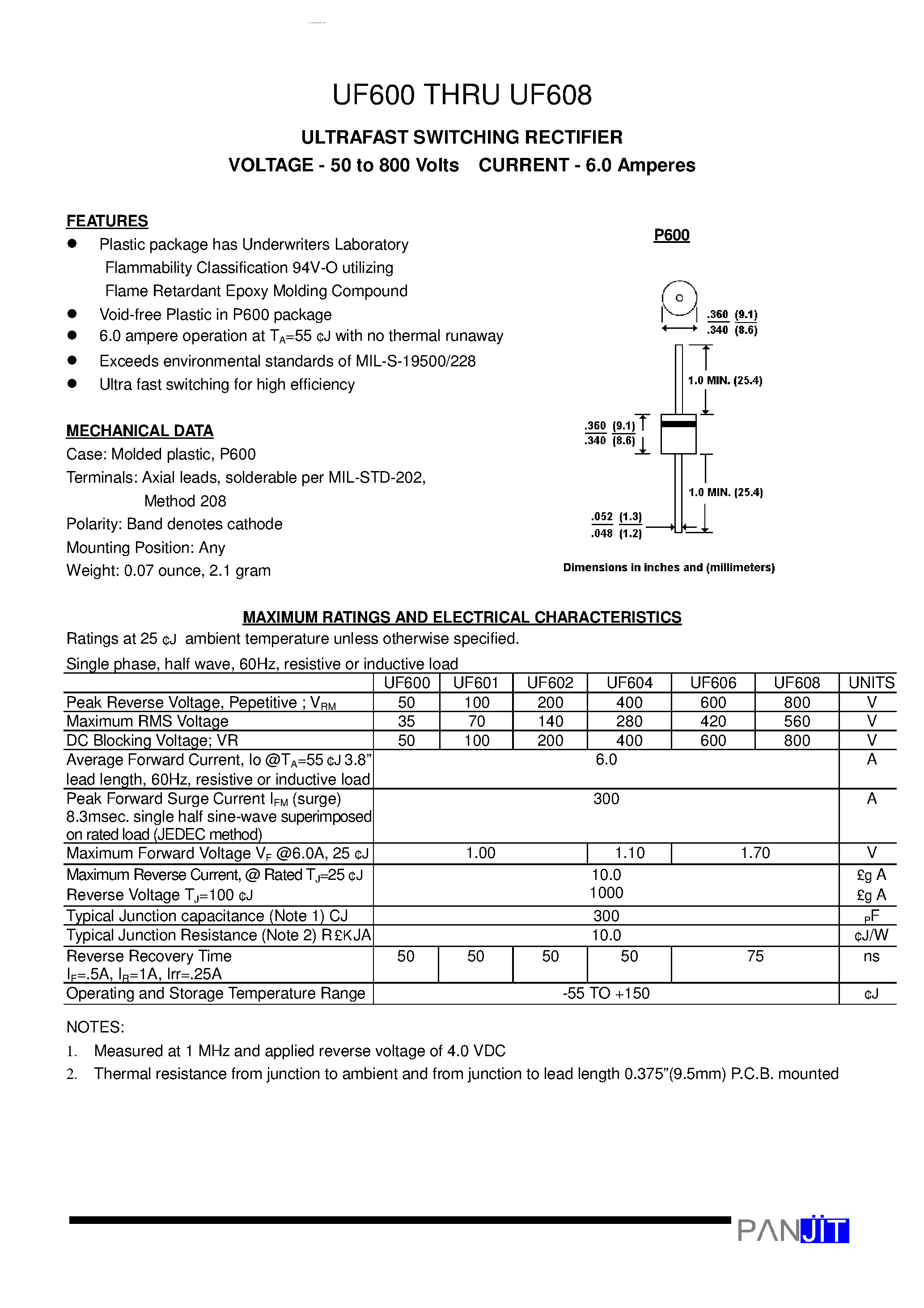 Datasheet UF600 page 1 Datasheet UF600 - (UF600 - UF608) ULTRAFAST SWITCHING RECTIFIER page 1