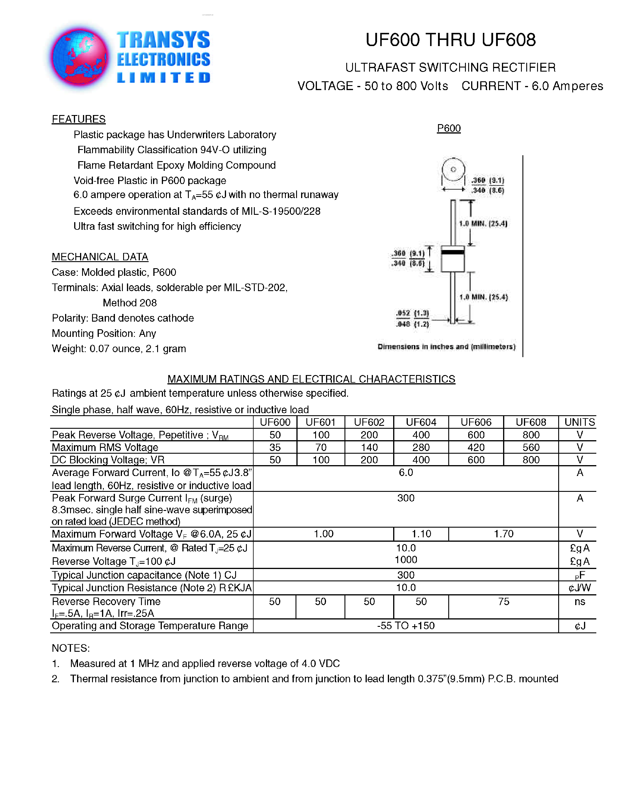 Datasheet UF600 - (UF600 - UF608) ULTRAFAST SWITCHING RECTIFIER page 1