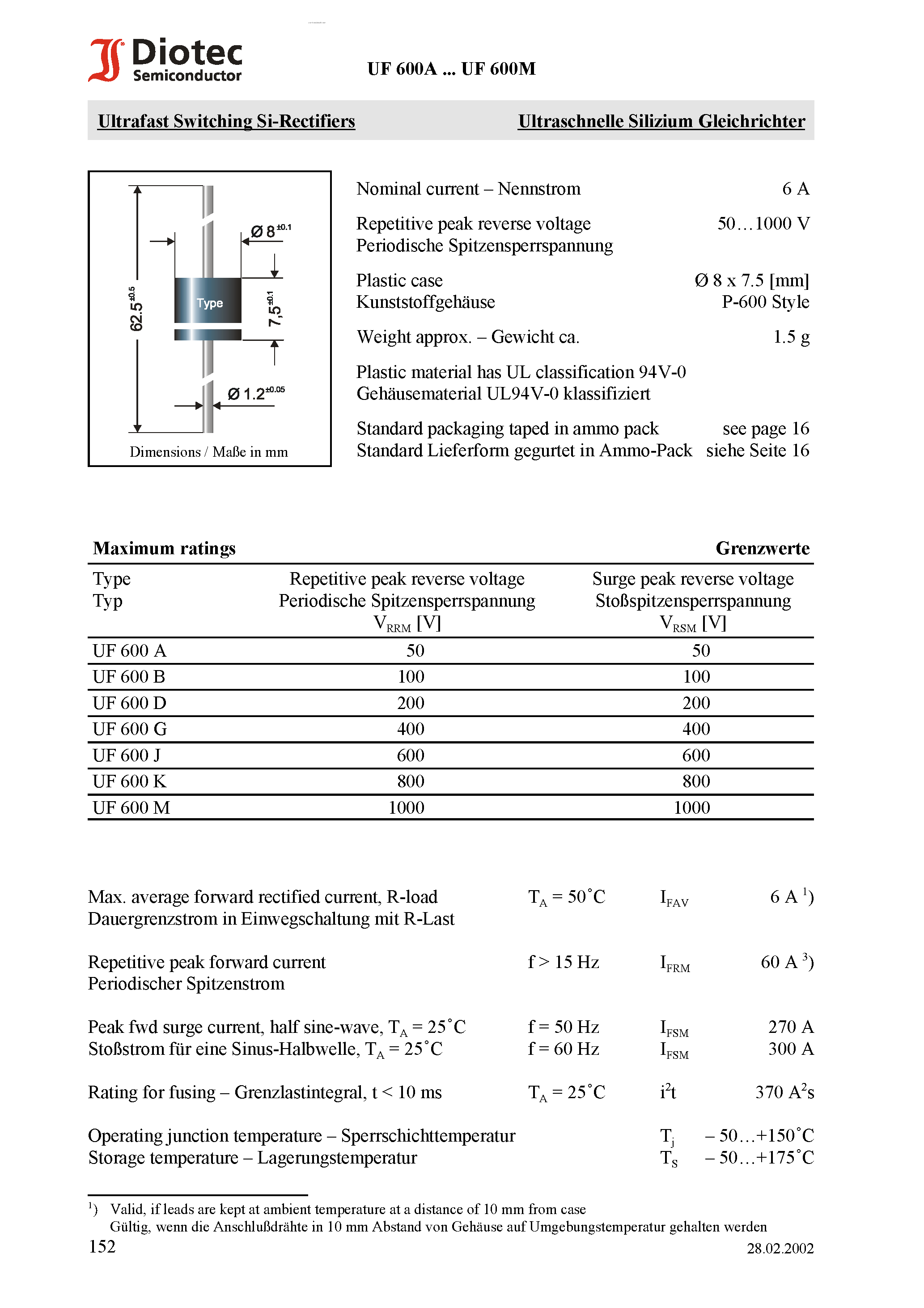 Datasheet UF600A - (UF600x) Ultrafast Switching Si-Rectifiers page 1