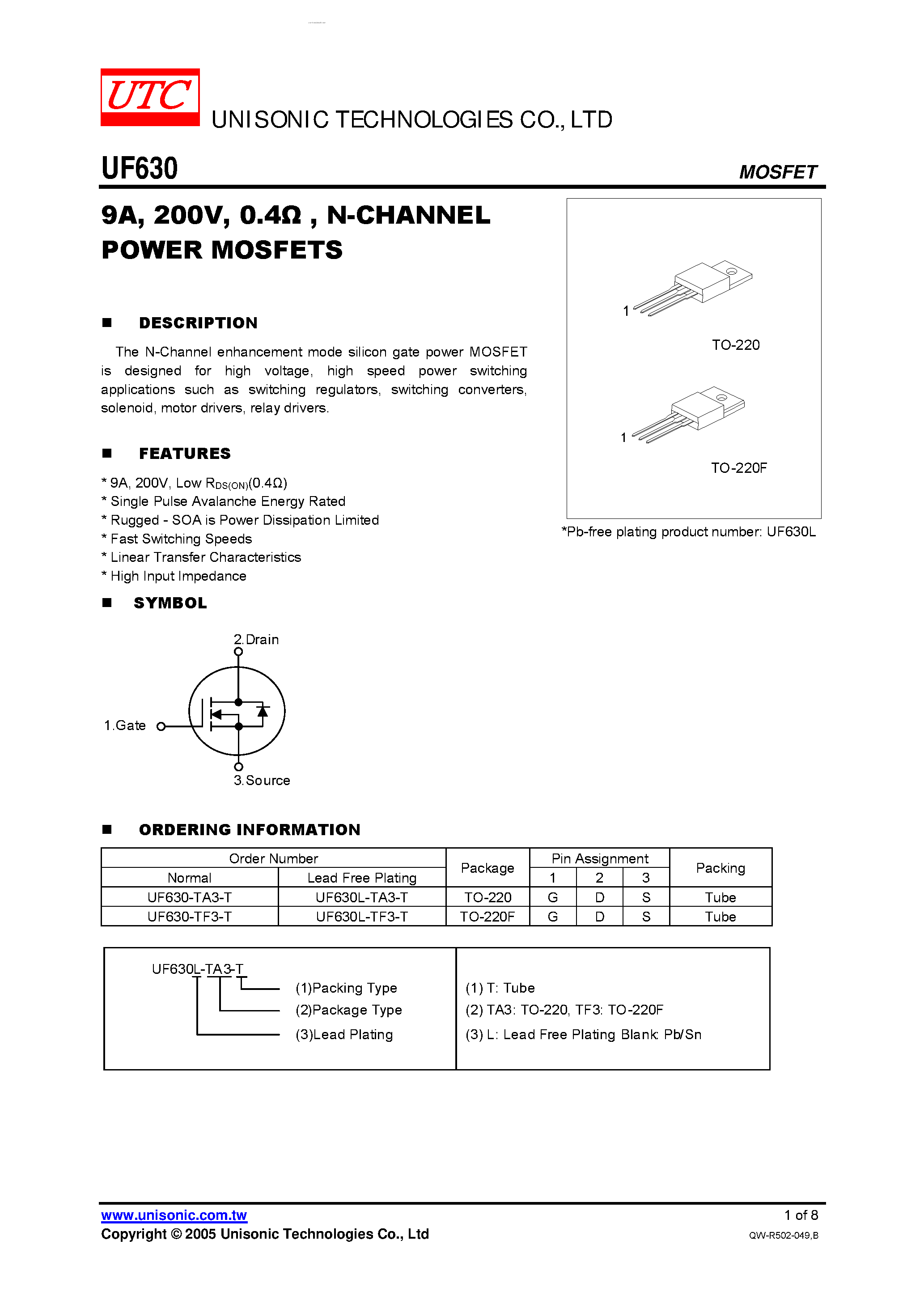 Datasheet UF630 - N-CHANNEL POWER MOSFETS page 1