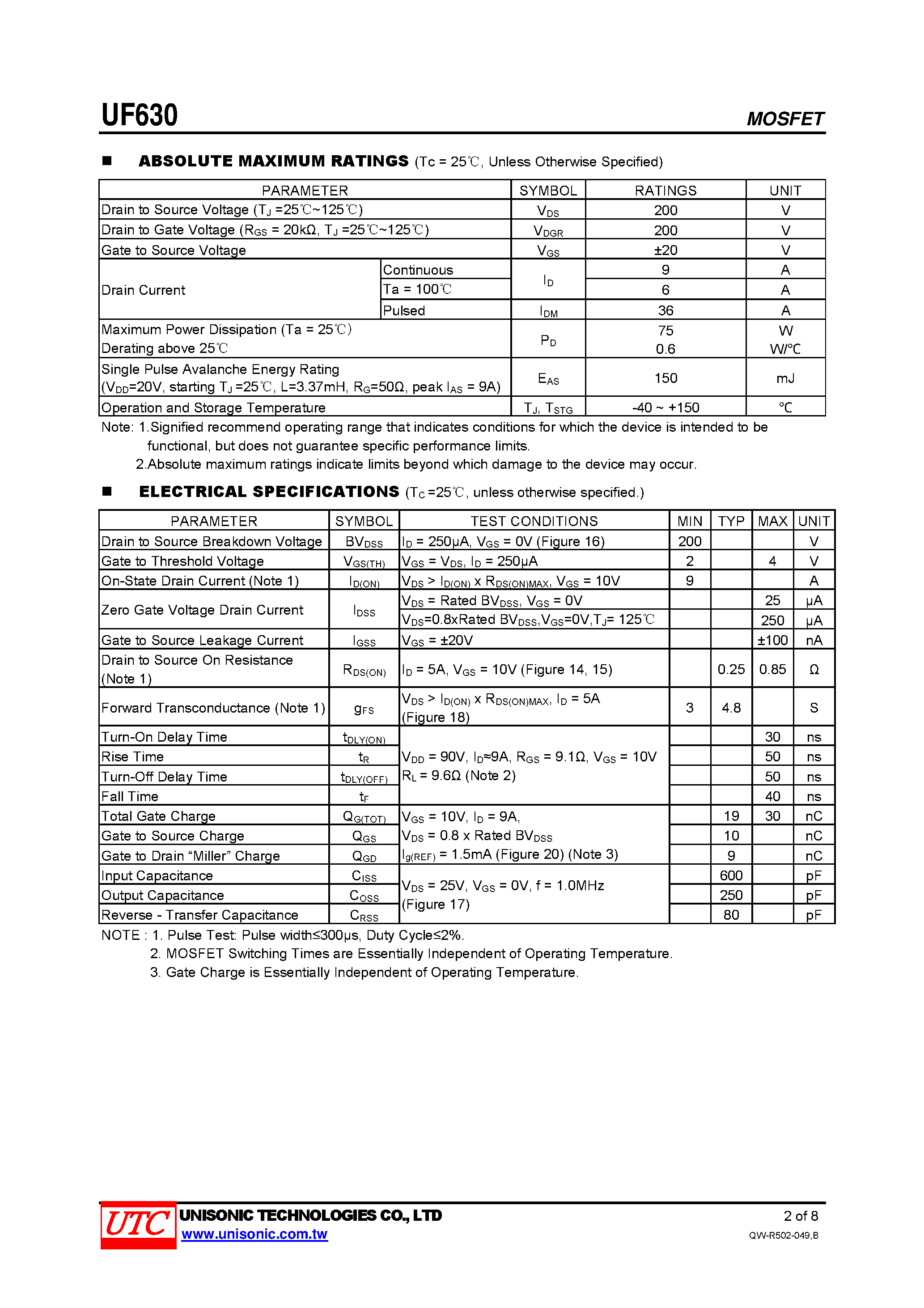 Datasheet UF630 - N-CHANNEL POWER MOSFETS page 2