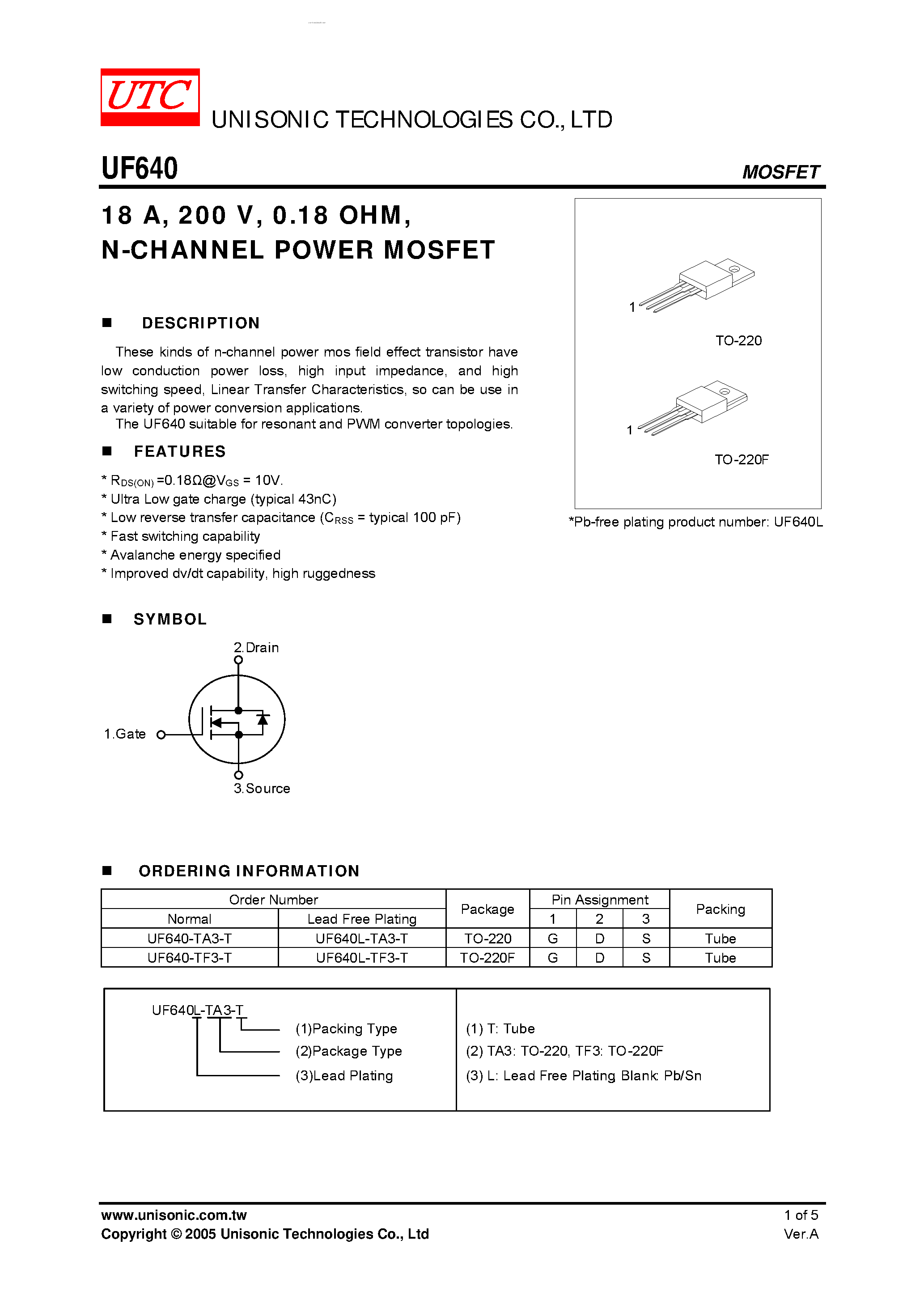 Datasheet UF640 page 1 Datasheet UF640 - N-CHANNEL POWER MOSFET page 1