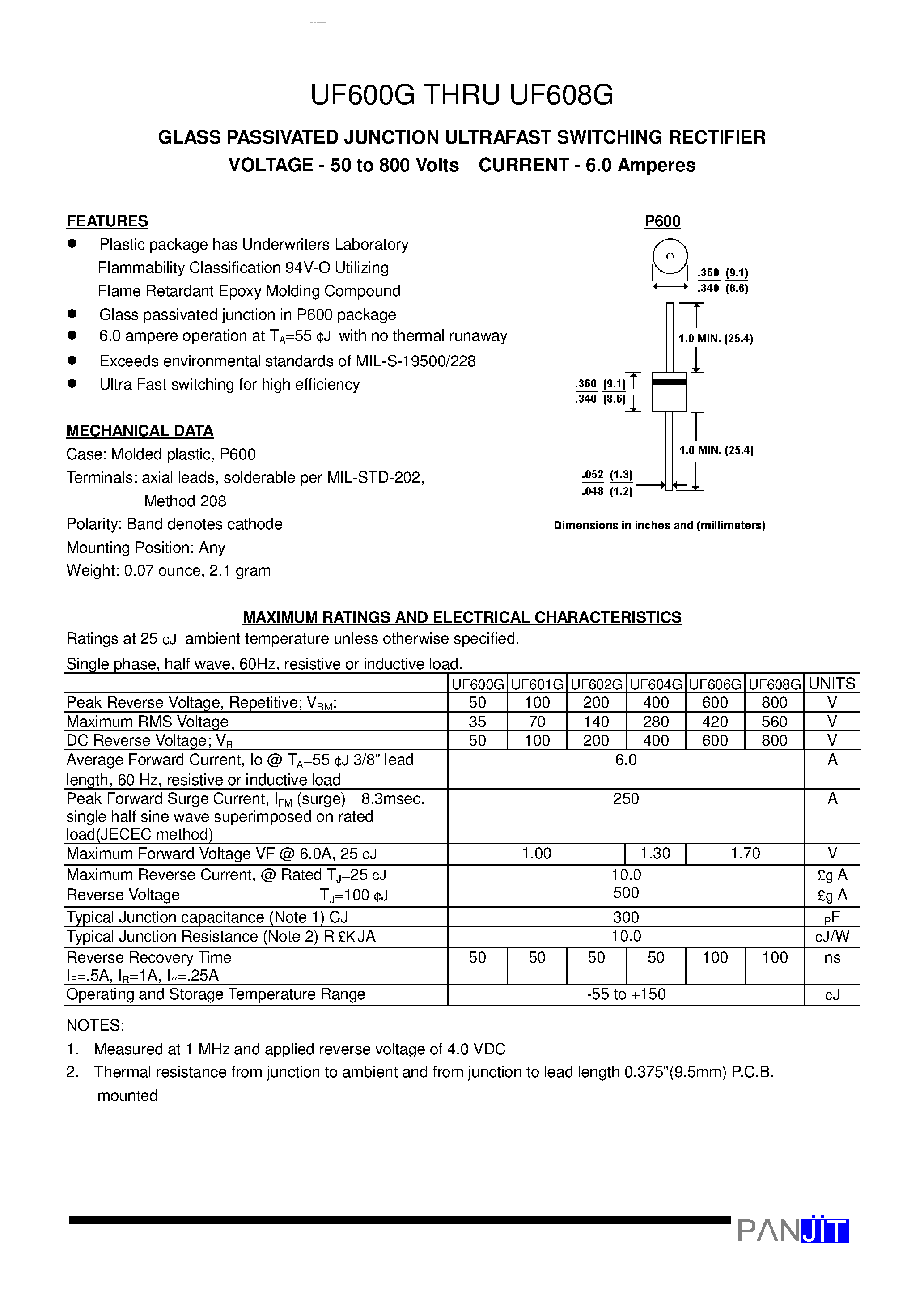 Datasheet UF600G - (UF600G - UF608G) GLASS PASSIVATED JUNCTION ULTRAFAST SWITCHING RECTIFIER page 1