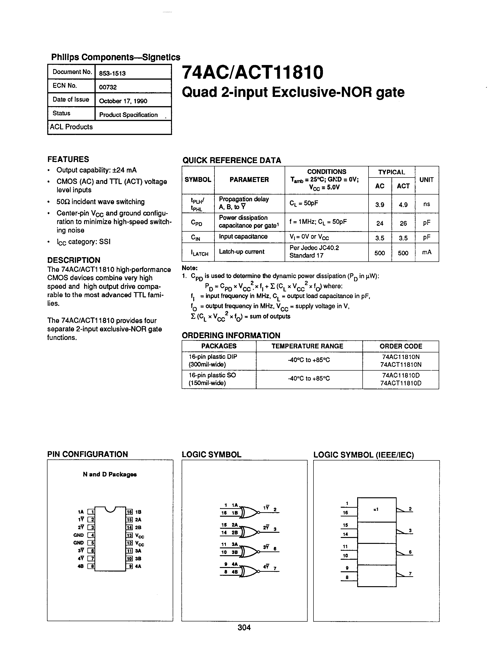 Datasheet 74AC11810 - QUAD 2-INPUT EXCLUSIVE-NOR GATE page 1