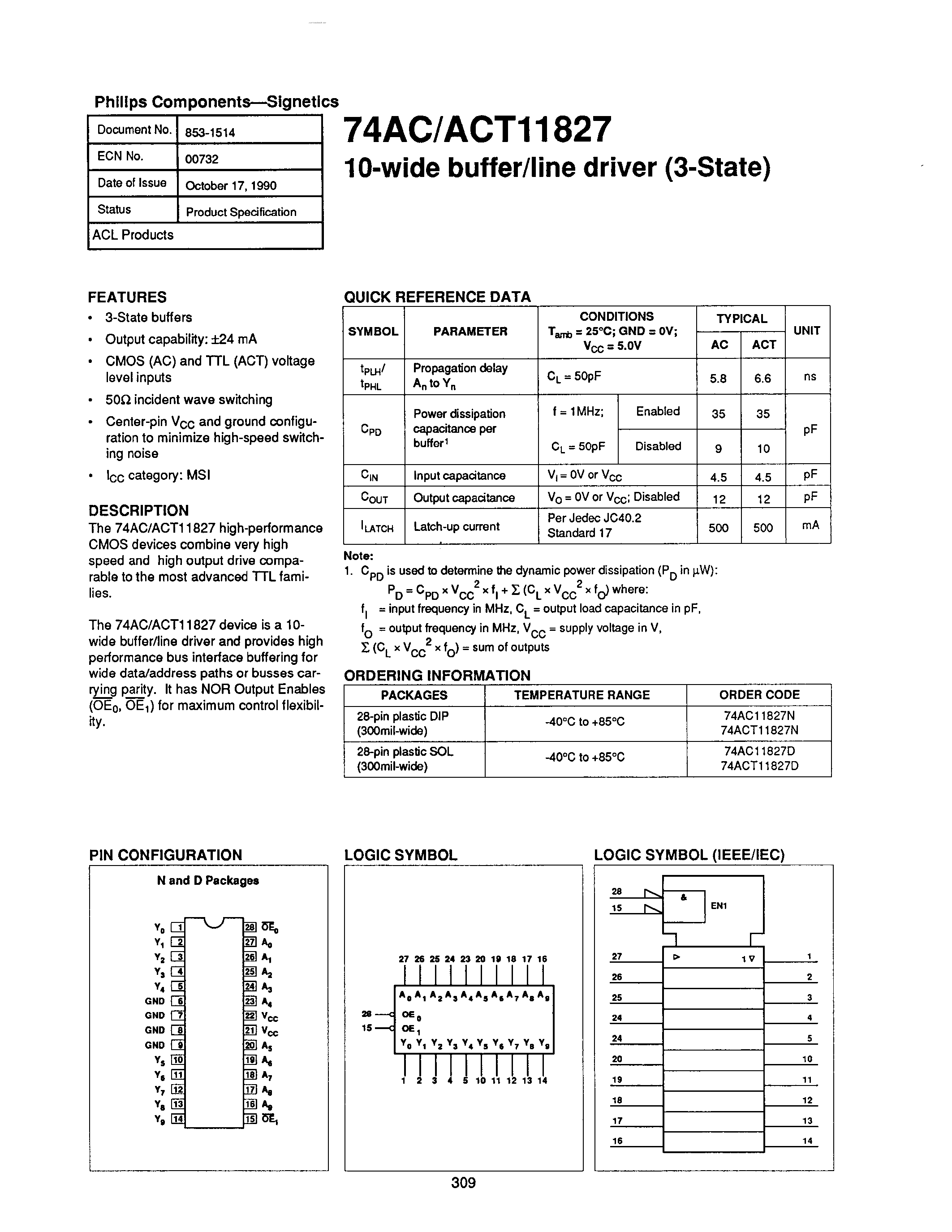 Datasheet 74AC11827 - 10-WIDE BUFFER/LINE DRIVER page 1