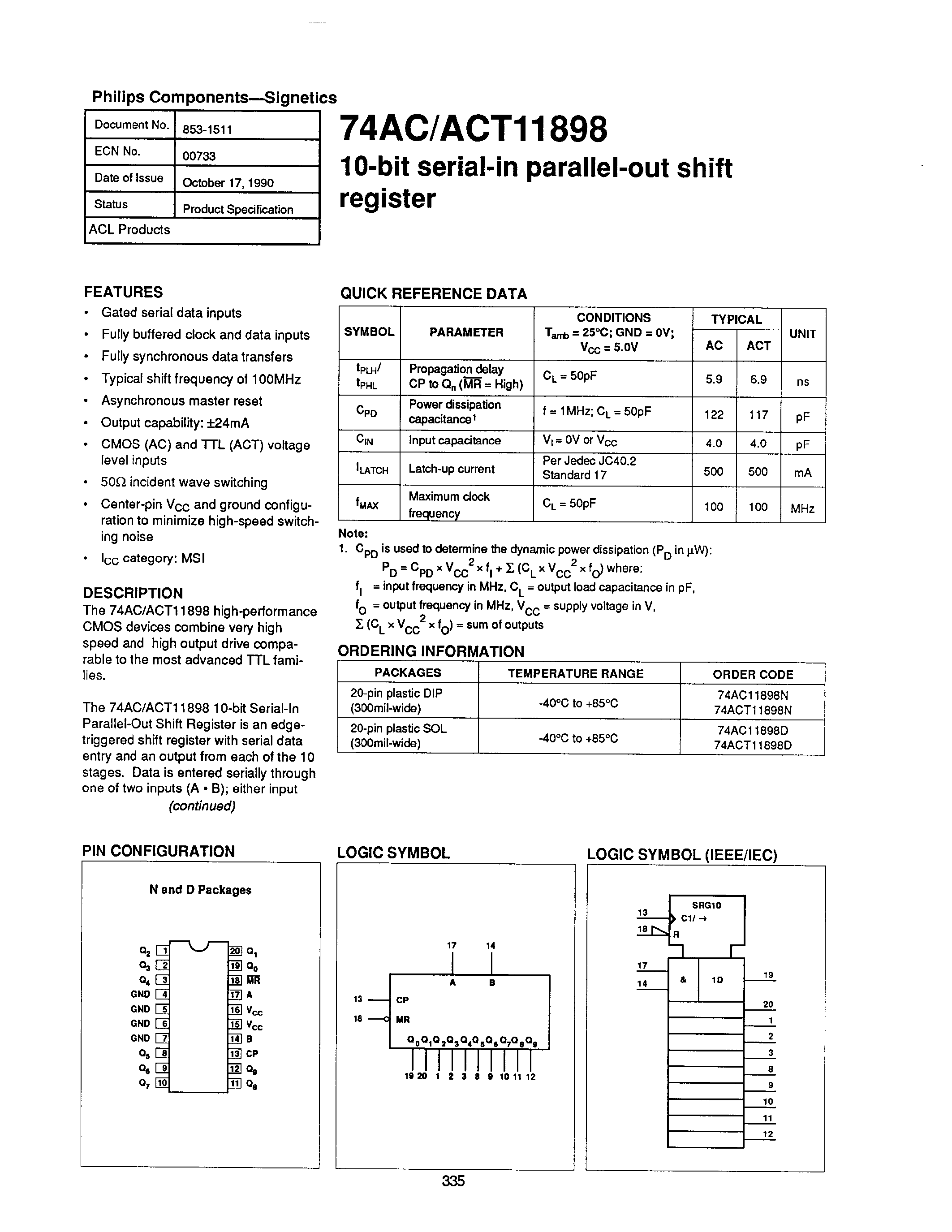 Datasheet 74AC11898 - 10-bit serial-in parallel-out shift register page 1