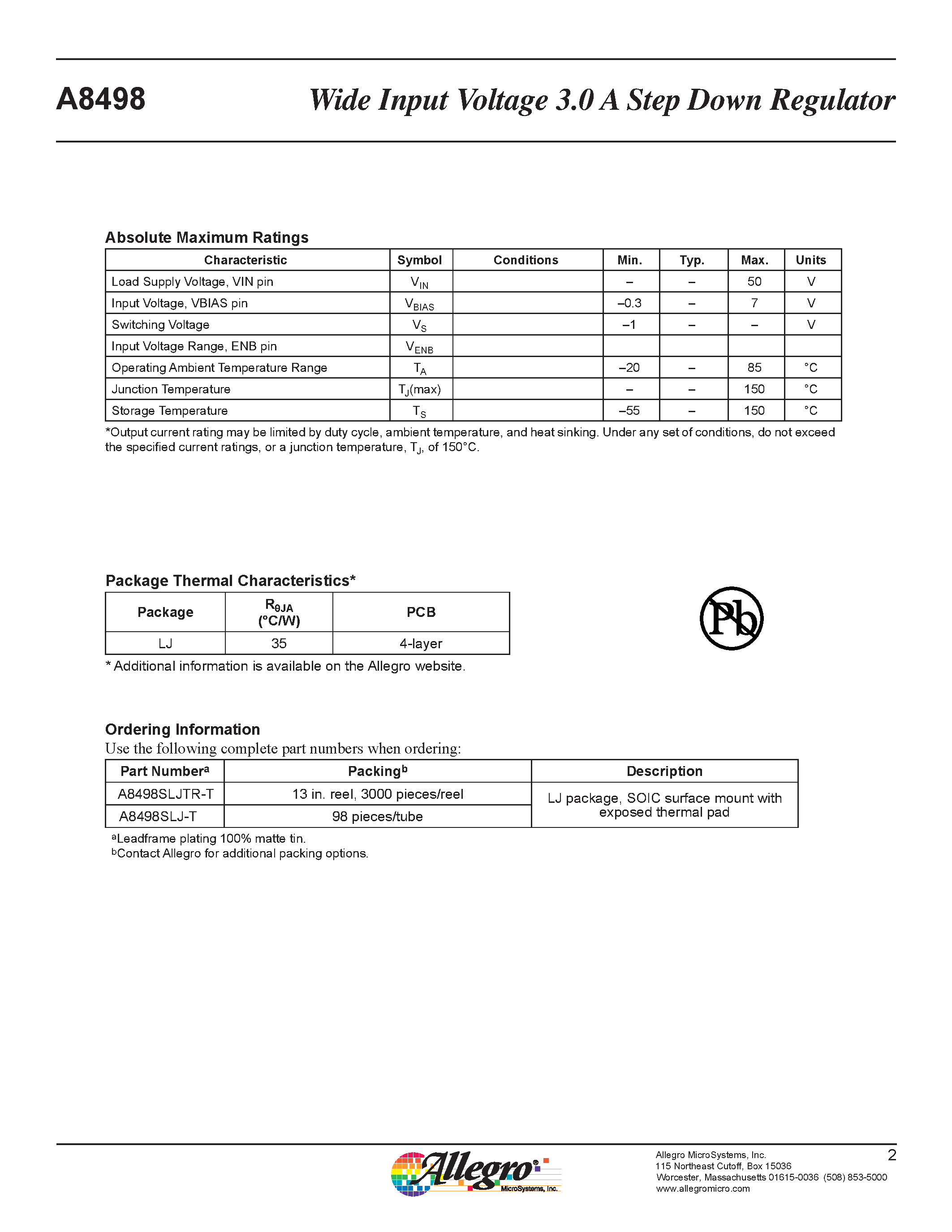 Datasheet A8498 page 2 Datasheet A8498 - Wide Input Voltage 3.0 A Step Down Regulator page 2