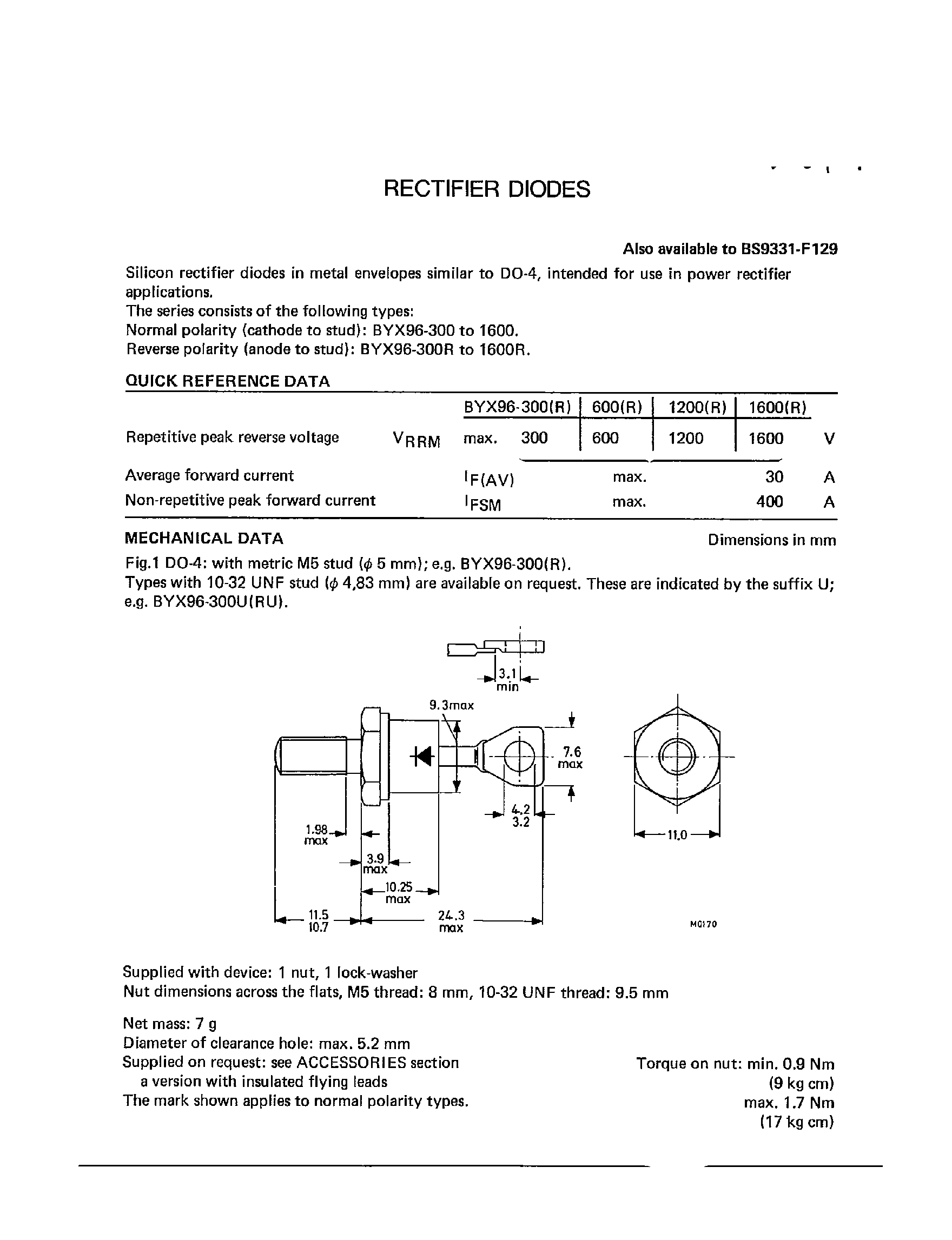 Datasheet BYX96 page 1 Datasheet BYX96 - RECTIFIER DIODES page 1
