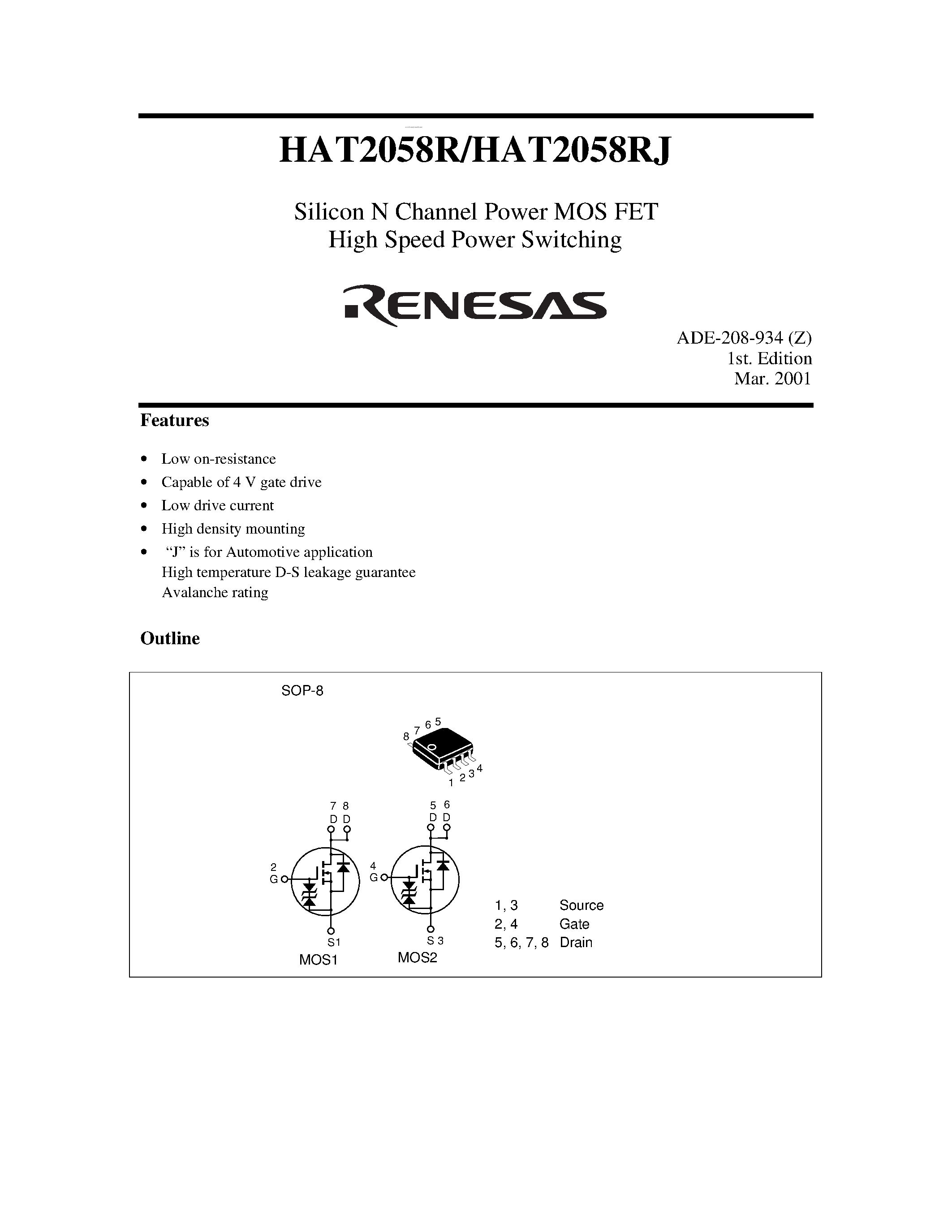 Datasheet HAT2058R - Silicon N Channel Power MOS FET High Speed Power Switching page 1