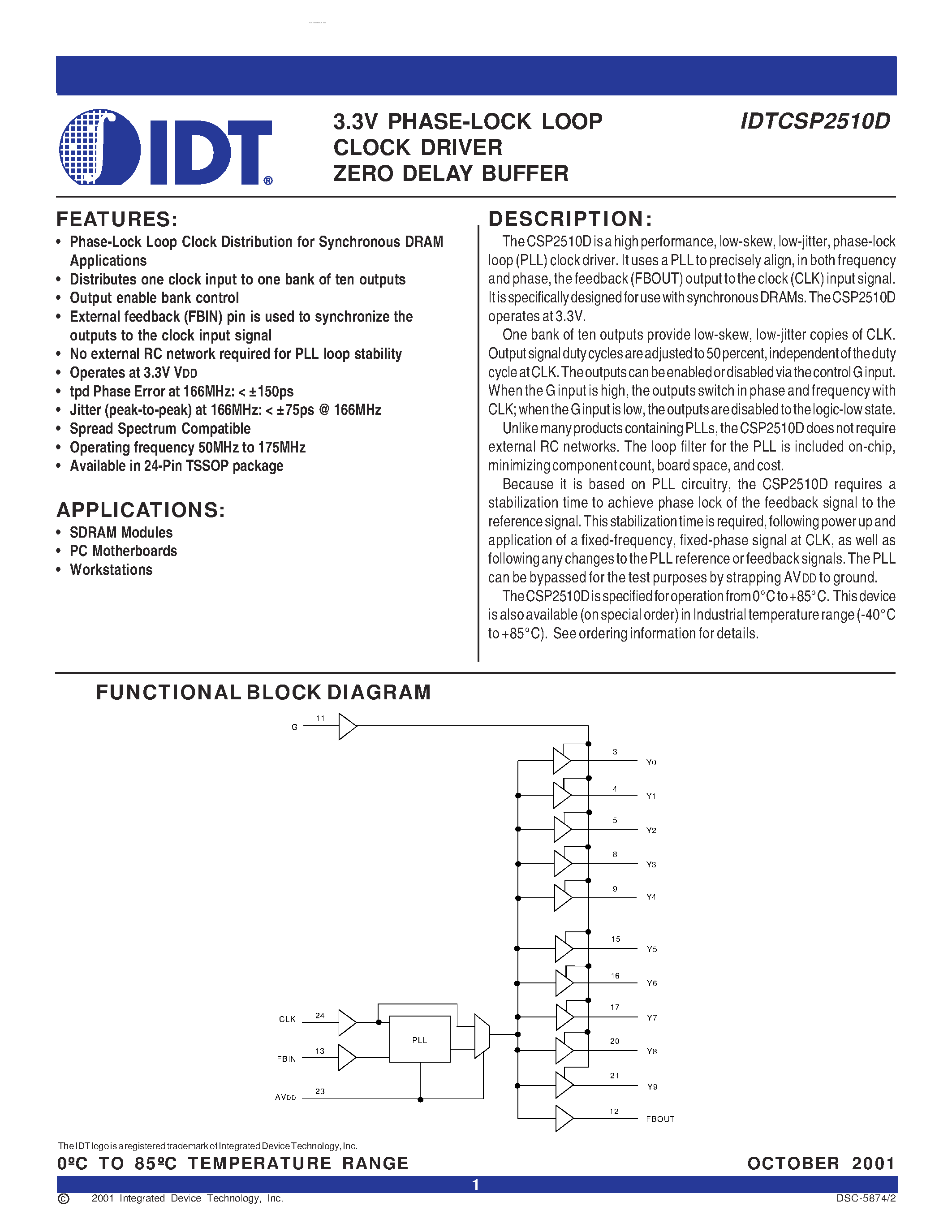Datasheet IDTCSP2510D - 3.3V PHASE-LOCK LOOP CLOCK DRIVER ZERO DELAY BUFFER page 1