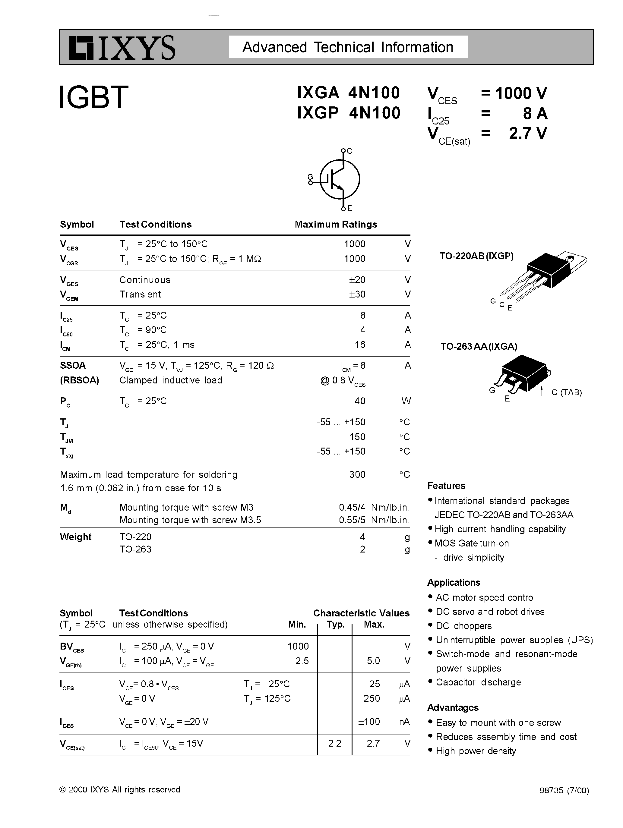 Datasheet IXGA4N100 - (IXGA4N100 / IXGP4N100) ADVANCED TECHNICAL INFORMATION page 1