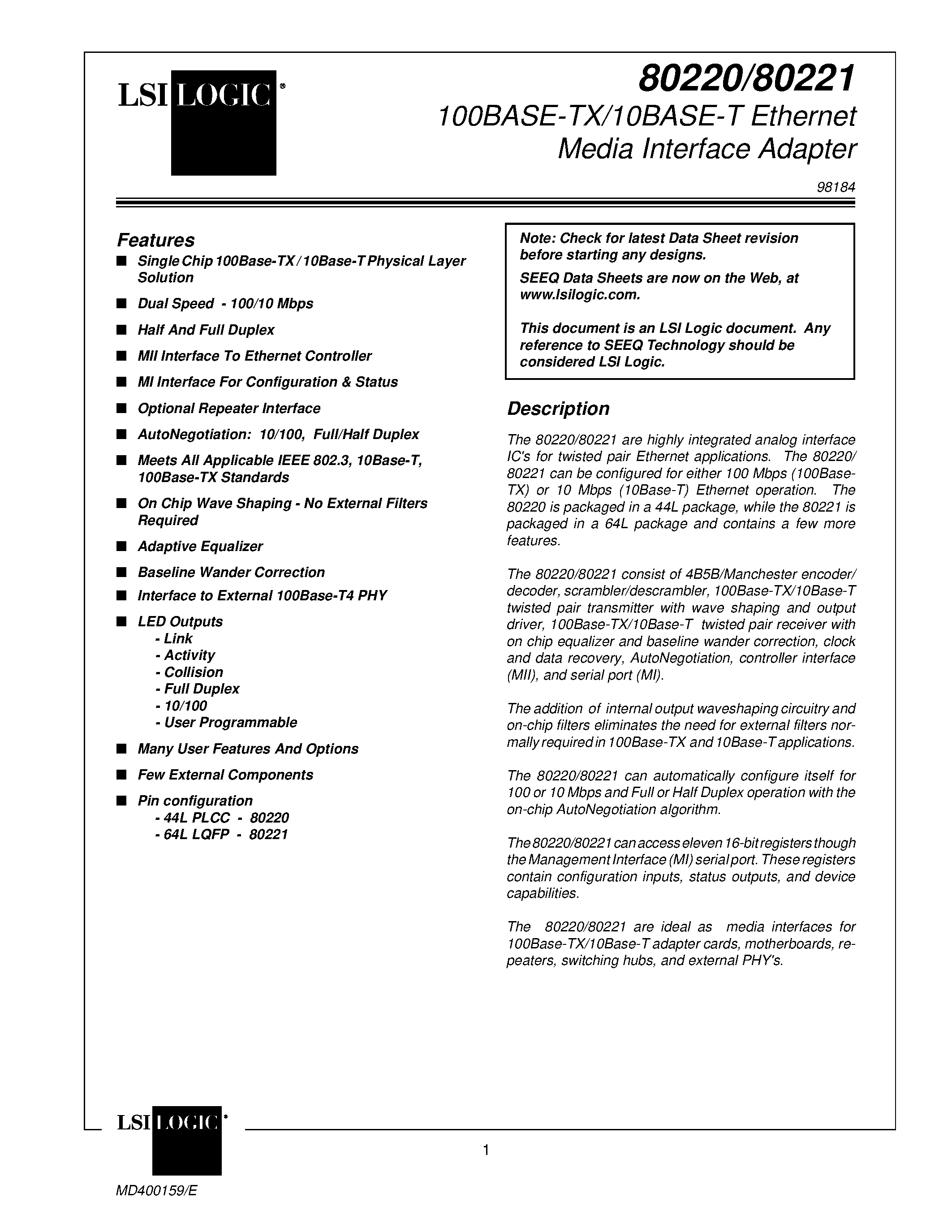 Datasheet 80220 - (80220 / 80221) 100BASE-TX/10BASE-T Ethernet Media Interface Adapter page 1
