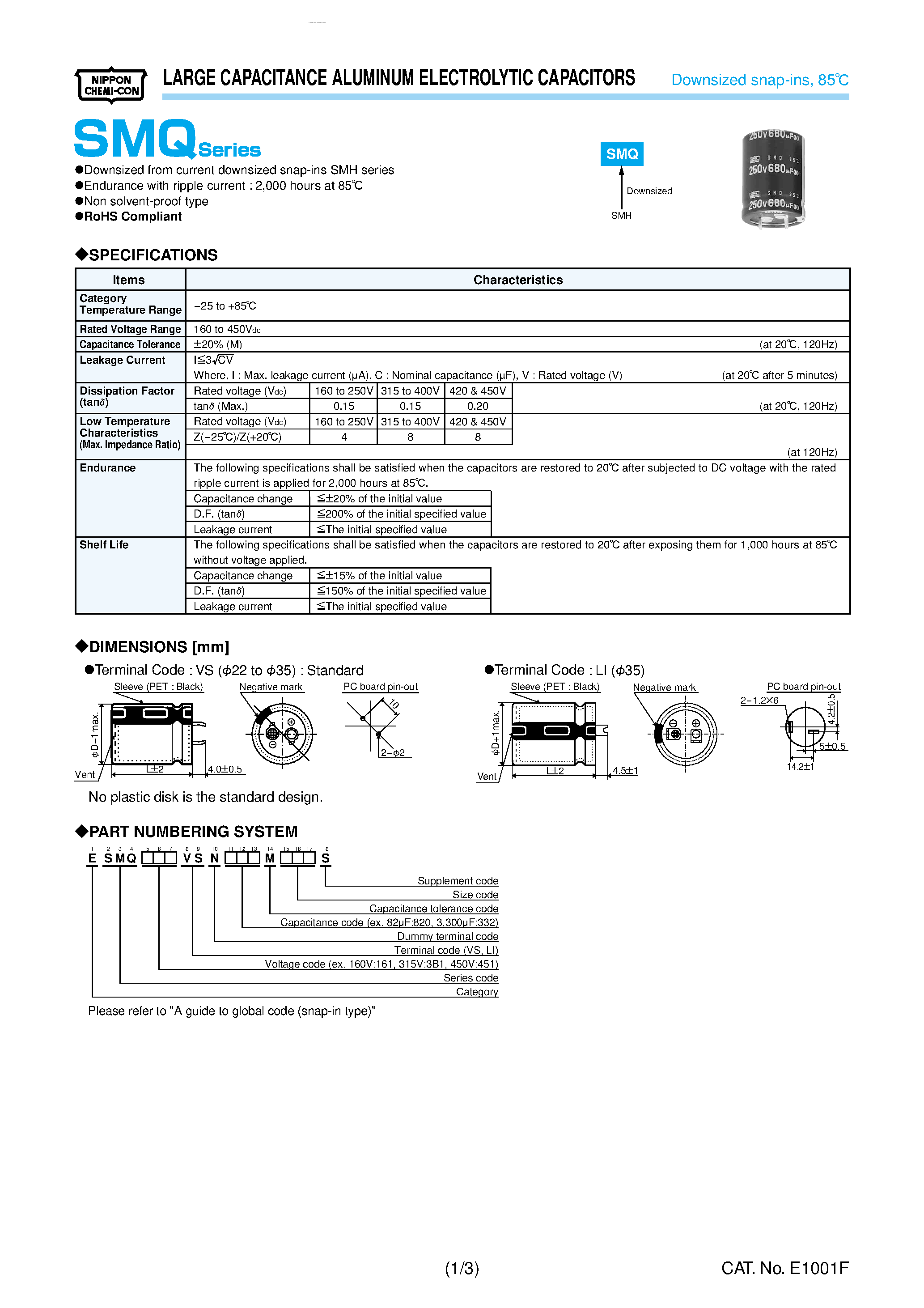 Datasheet SMQ page 1 Datasheet SMQ - LARGE CAPACITANCE ALUMINUM ELECTROLYTIC CAPACITORS page 1