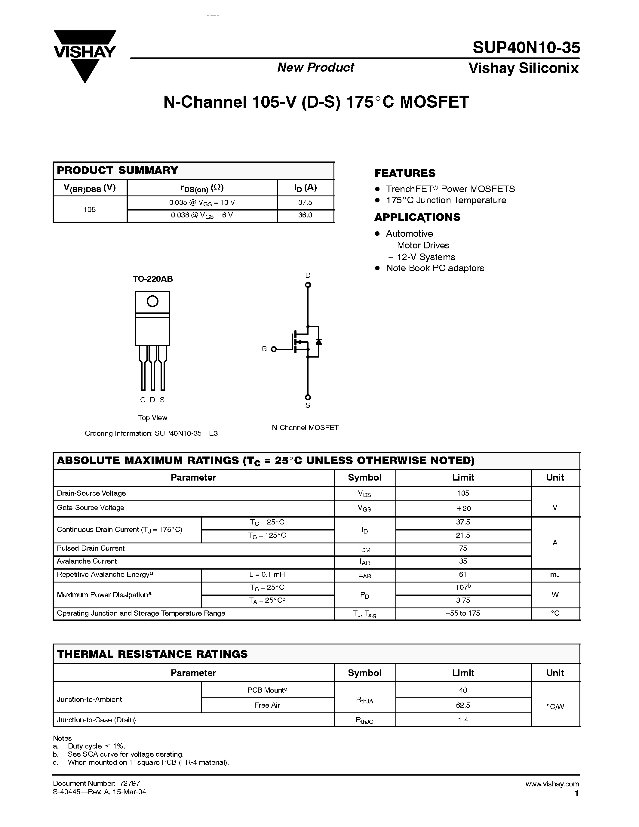 Datasheet SUP40N10-35 page 1 Datasheet SUP40N10-35 - N-Channel MOSFET page 1
