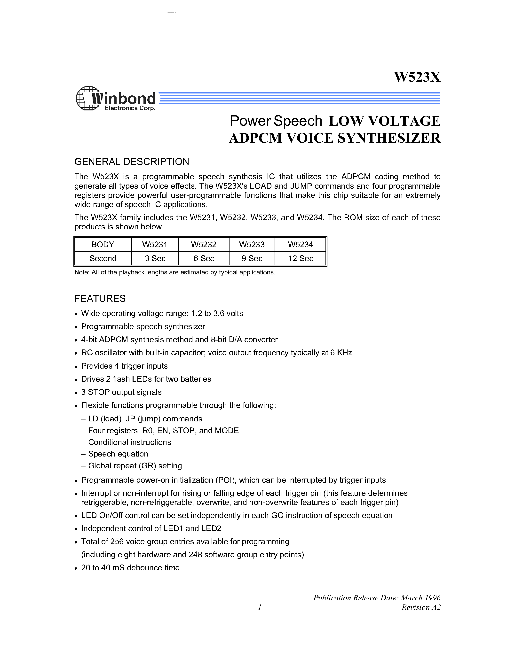 Datasheet W523x - Power Speech LOW VOLTAGE ADPCM VOICE SYNTHESIZER page 1