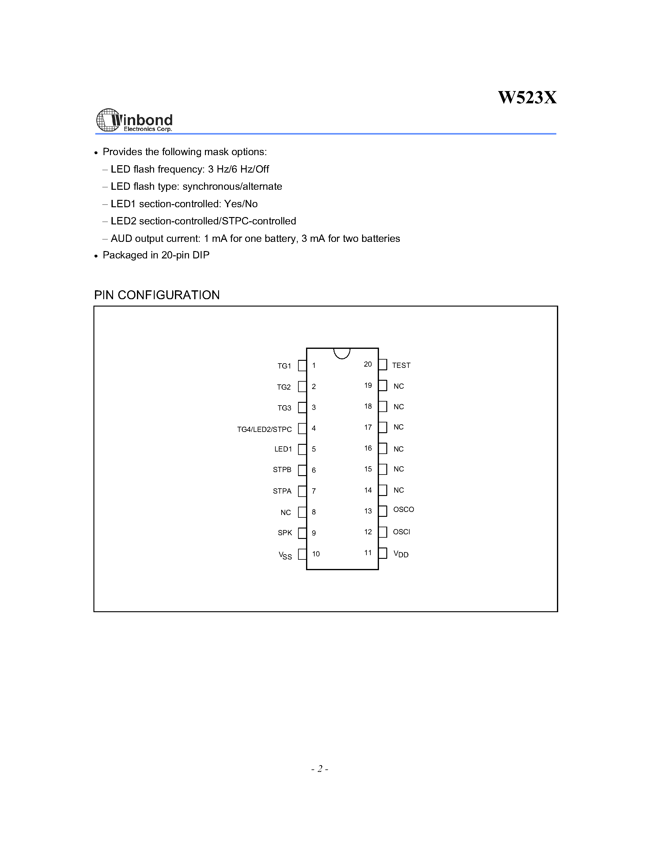 Datasheet W523x - Power Speech LOW VOLTAGE ADPCM VOICE SYNTHESIZER page 2