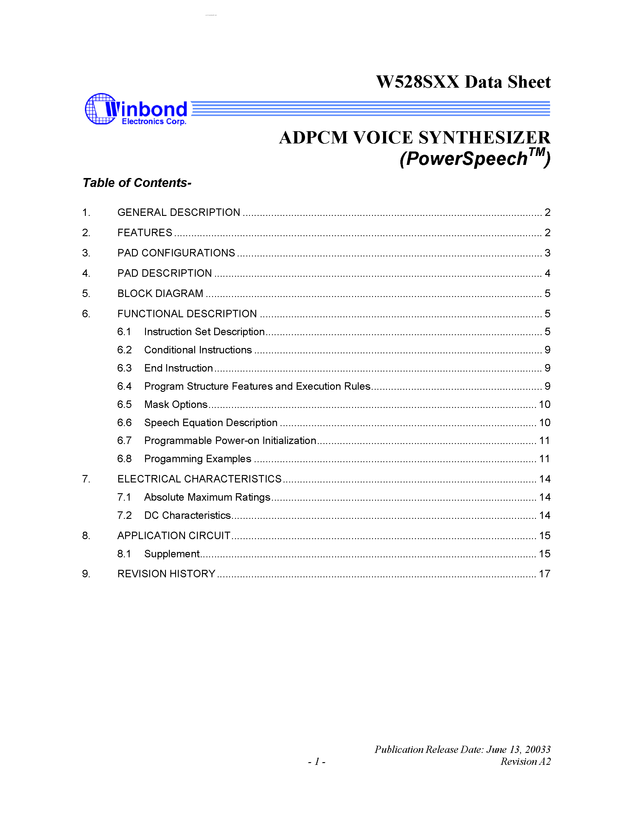 Datasheet W528Sxx - ADPCM VOICE SYNTHESIZER page 1