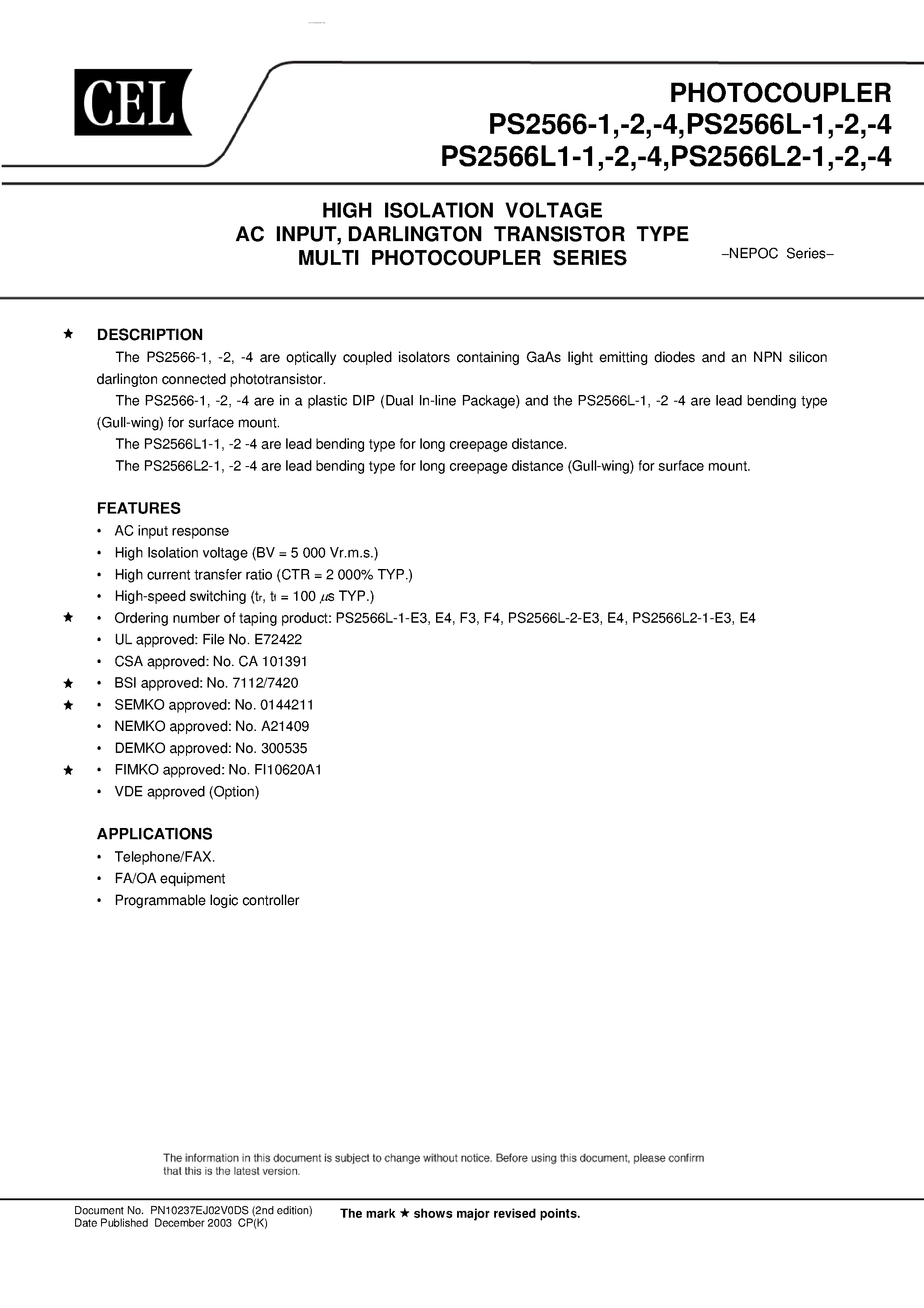 Datasheet PS2566-1 - (PS2566xx) DARLINGTON TRANSISTOR TYPE MULTI PHOTOCOUPLER SERIES page 1