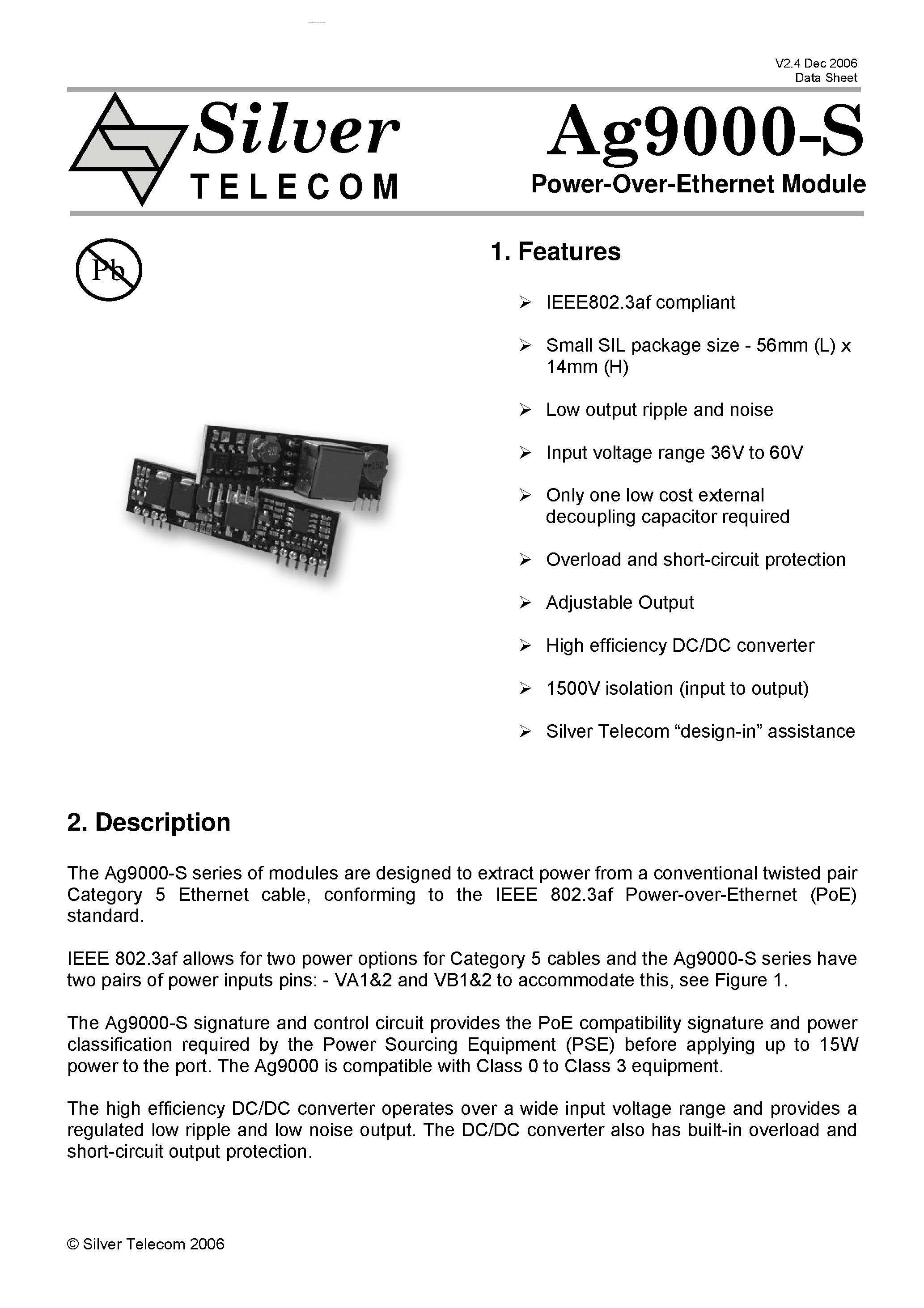 Datasheet AG9000-S - Power-Over-Ethernet Module page 1