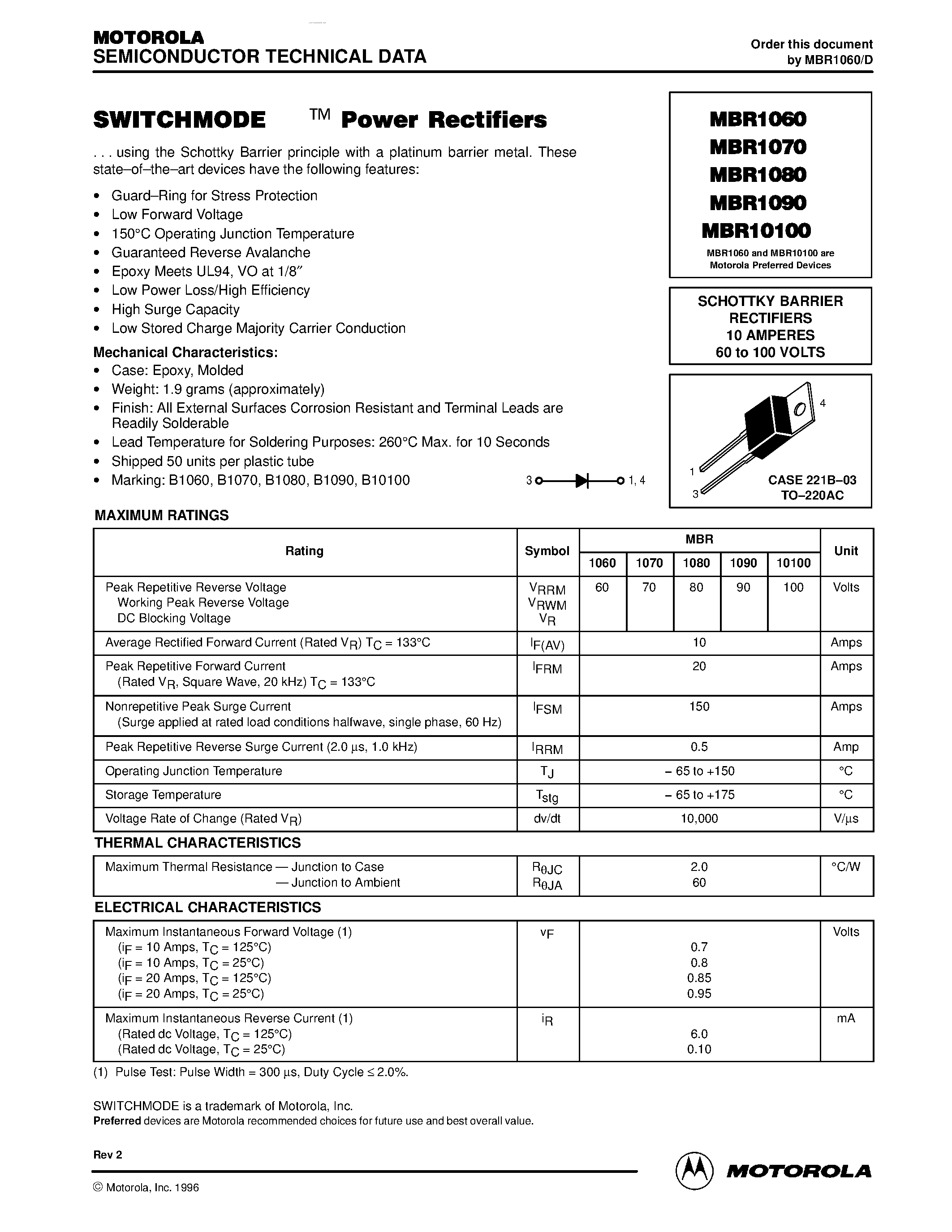 Datasheet MBR10100 page 1 Datasheet MBR10100 - (MBR1060 - MBR10100) Power Rectifiers page 1