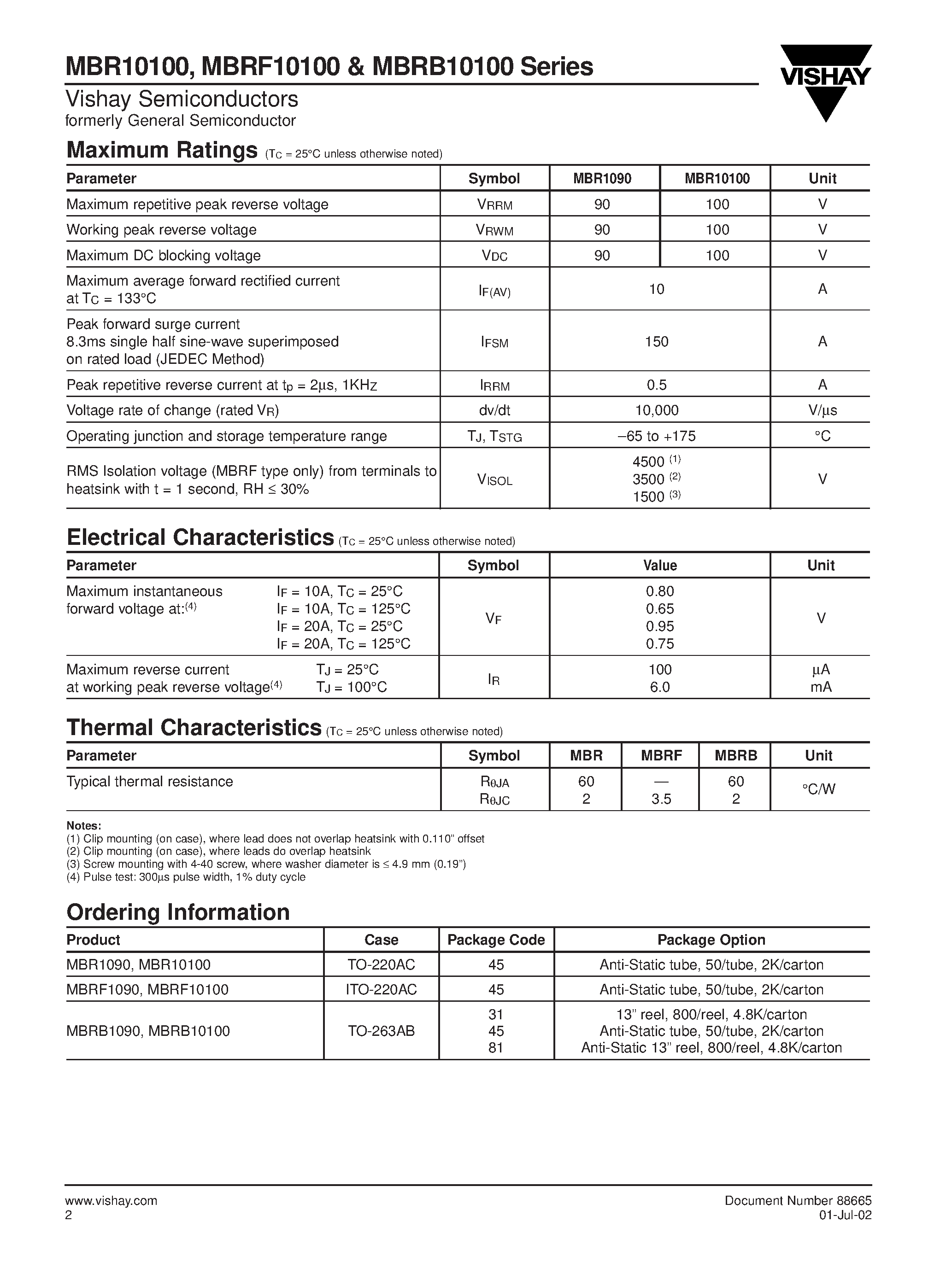 Datasheet MBR10100 page 2 Datasheet MBR10100 - (MBRx10100) High Voltage Schottky Rectifiers page 2